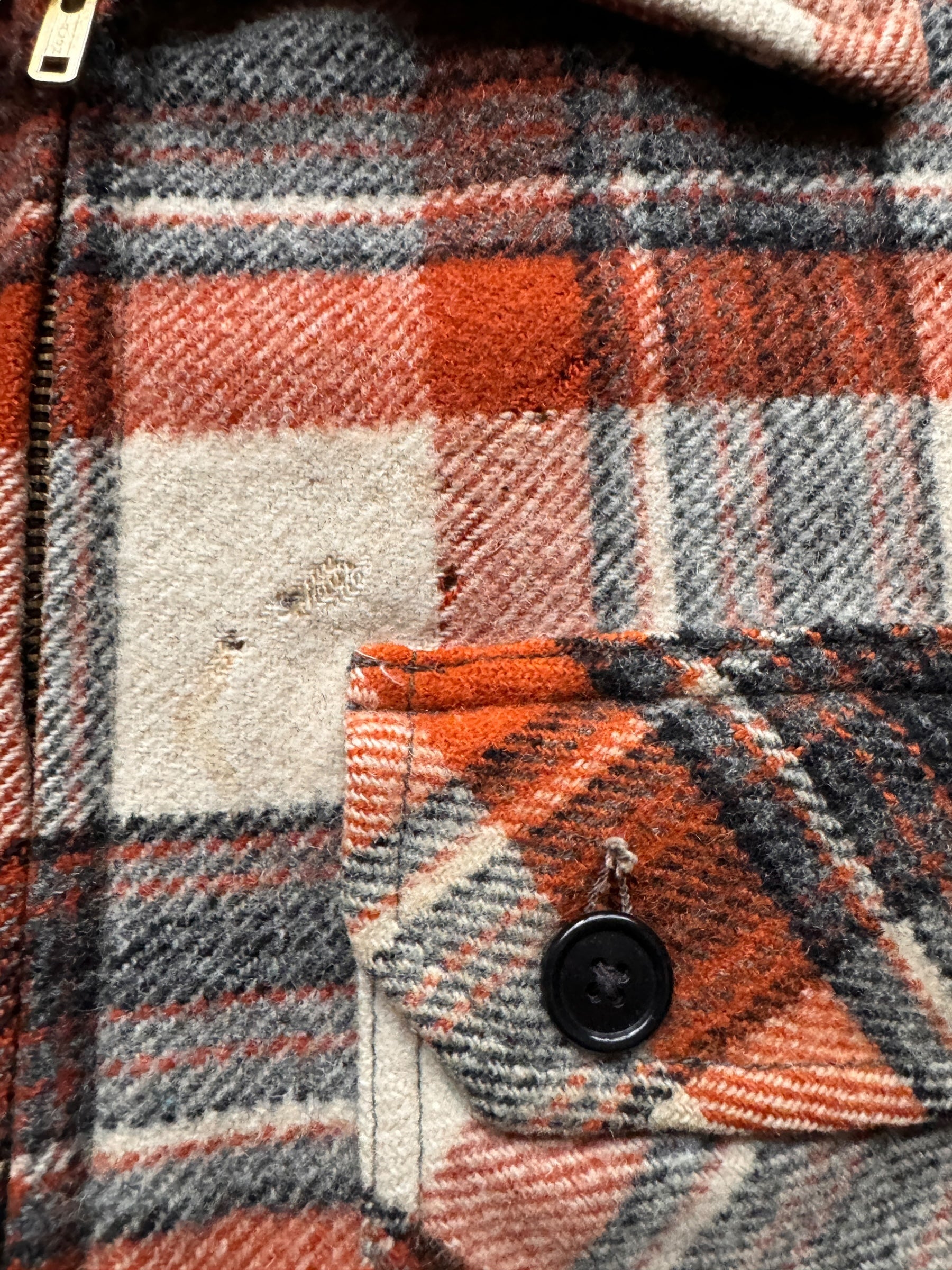 holes on front of Vintage Black Bear Orange Plaid Zip Up Wool Jacket SZ 46