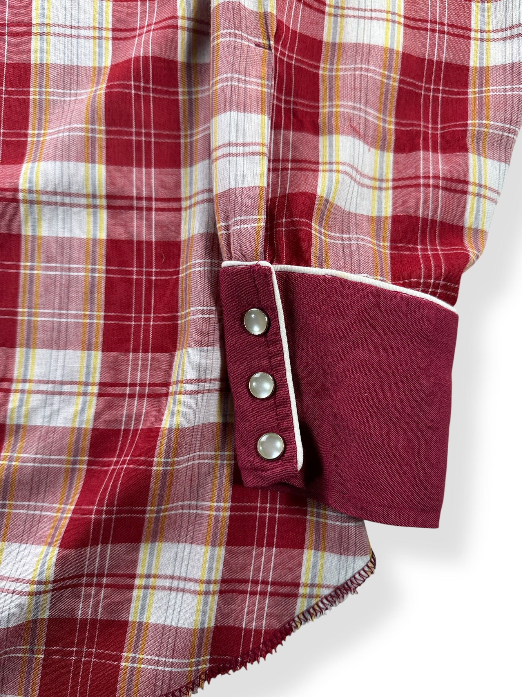 Buttons on Vintage H Bar C Red Plaid Pearl Snap SZ L
