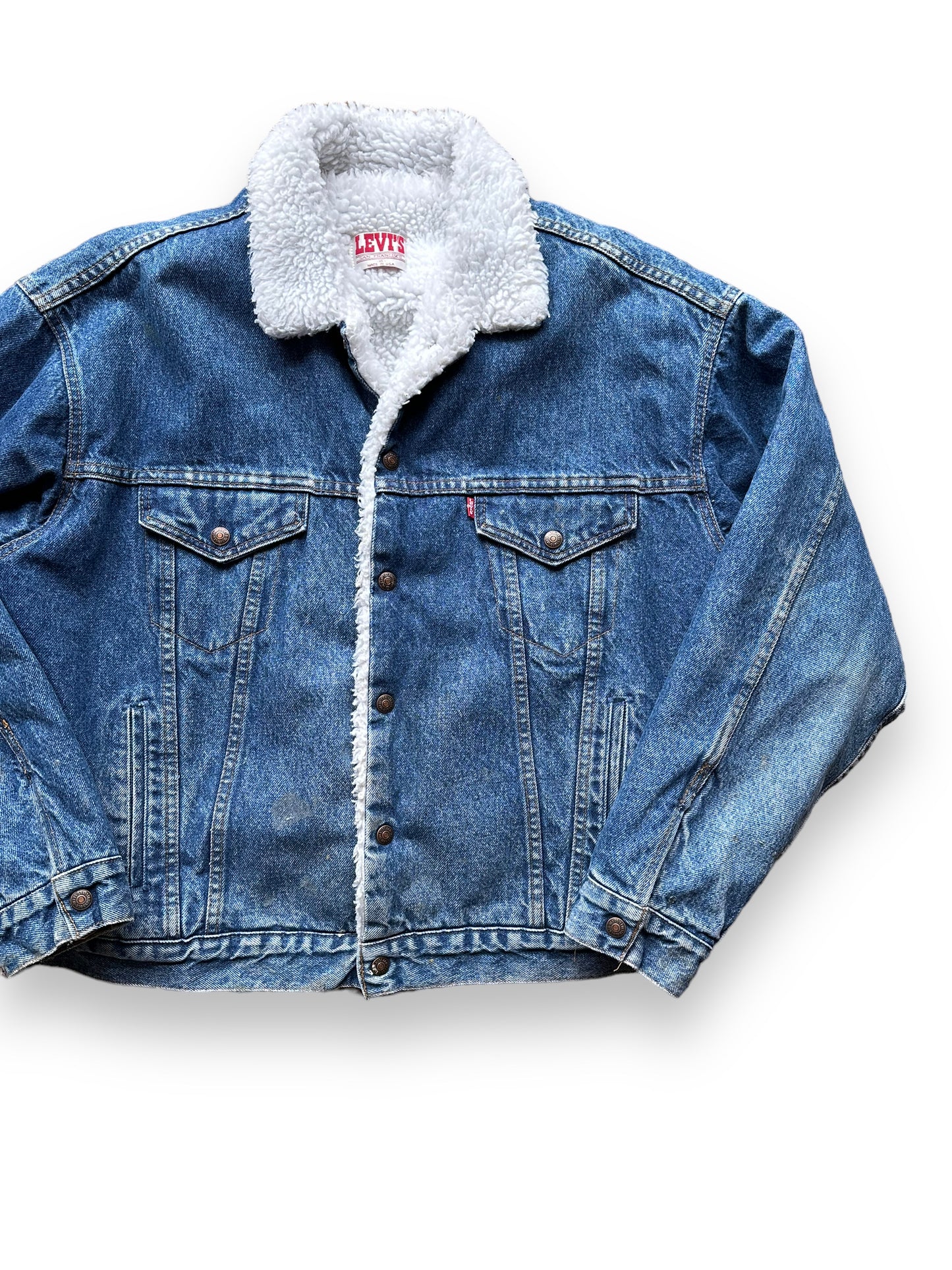 Front Left View of Vintage Levis Sherpa Type III Denim Jacket SZ XL | Vintage Denim Workwear Seattle | Barn Owl Seattle