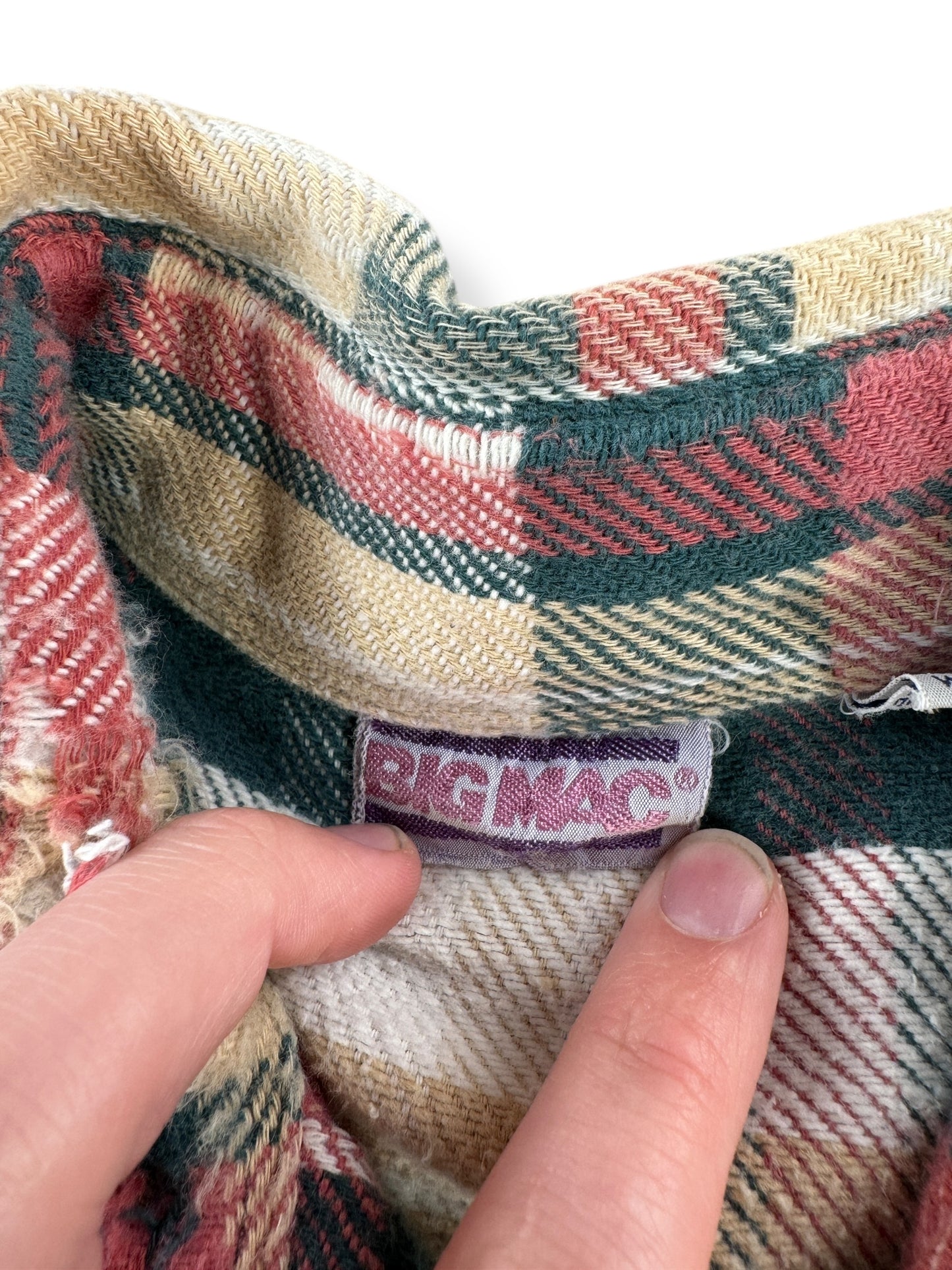 Tag on Vintage 80s Big Mac Green & Salmon Cotton Flannel SZ L