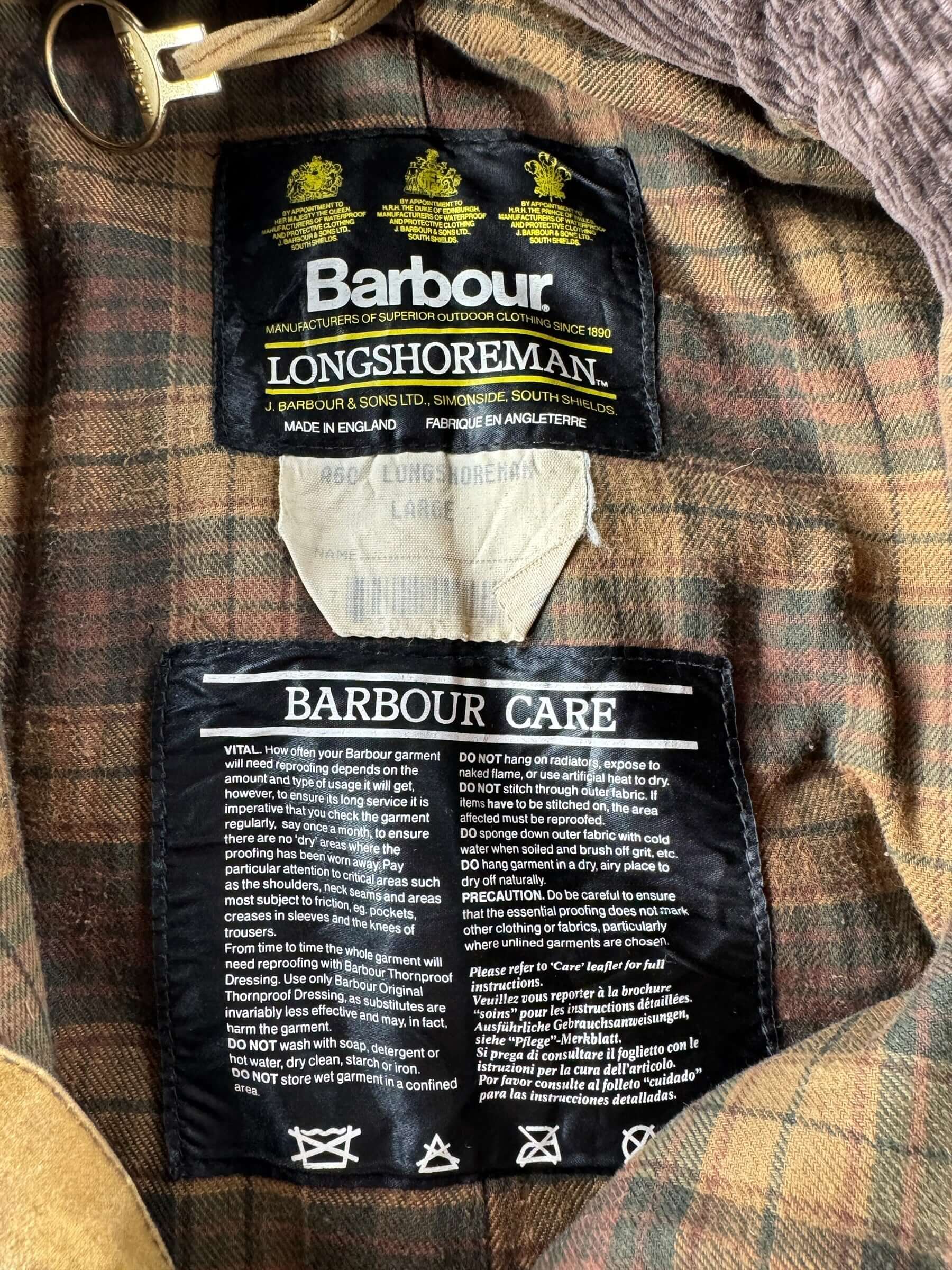 Label on Vintage Barbour Longshoreman Oilcloth Anorak SZ L 