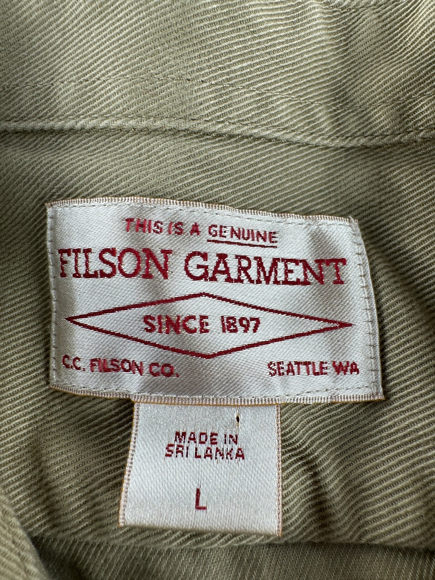 Tag on Filson 6-Oz Drill Chino Shirt Khaki SZ L