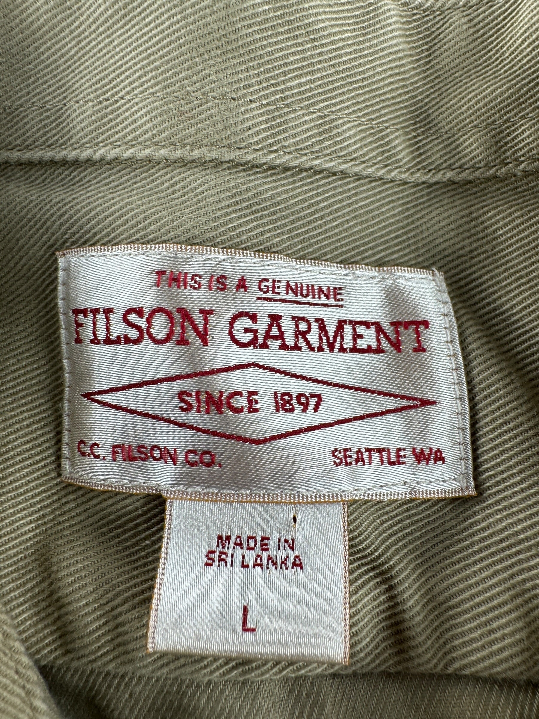 Tag on Filson 6-Oz Drill Chino Shirt Khaki SZ L