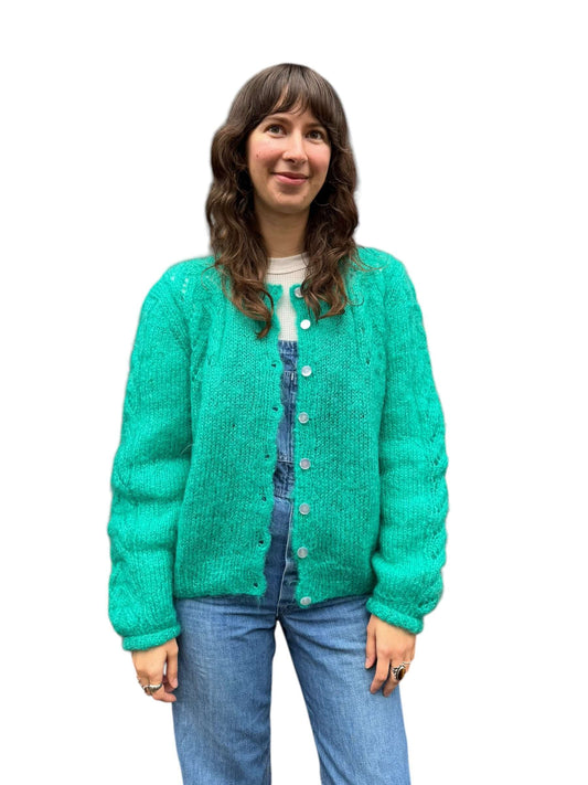 on body front of 1980s Irish Mohair Cardigan SZ L