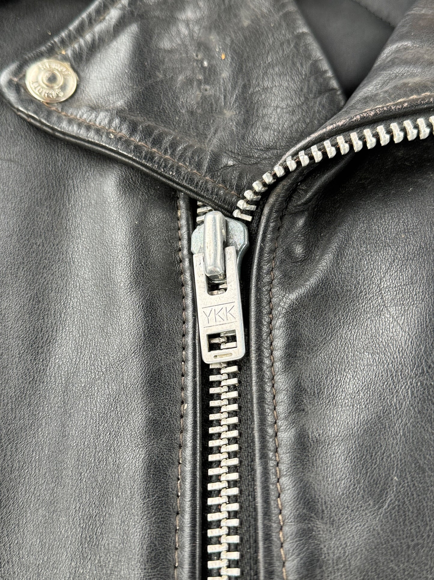 Zipper on Vintage 80s Era Schott Perfecto Leather Jacket SZ 44