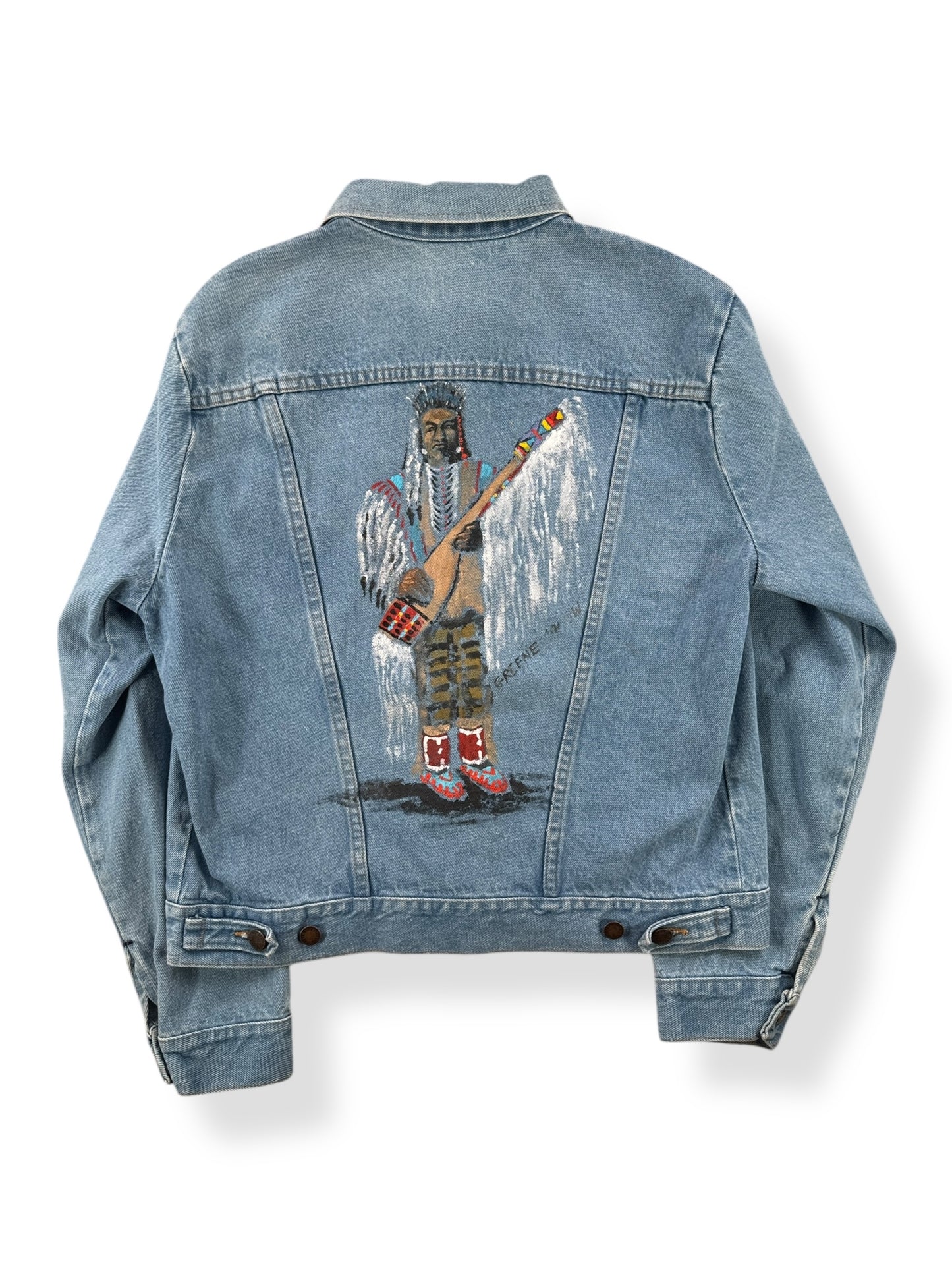 Back of Vintage Rustler Native Art Denim Jacket SZ L