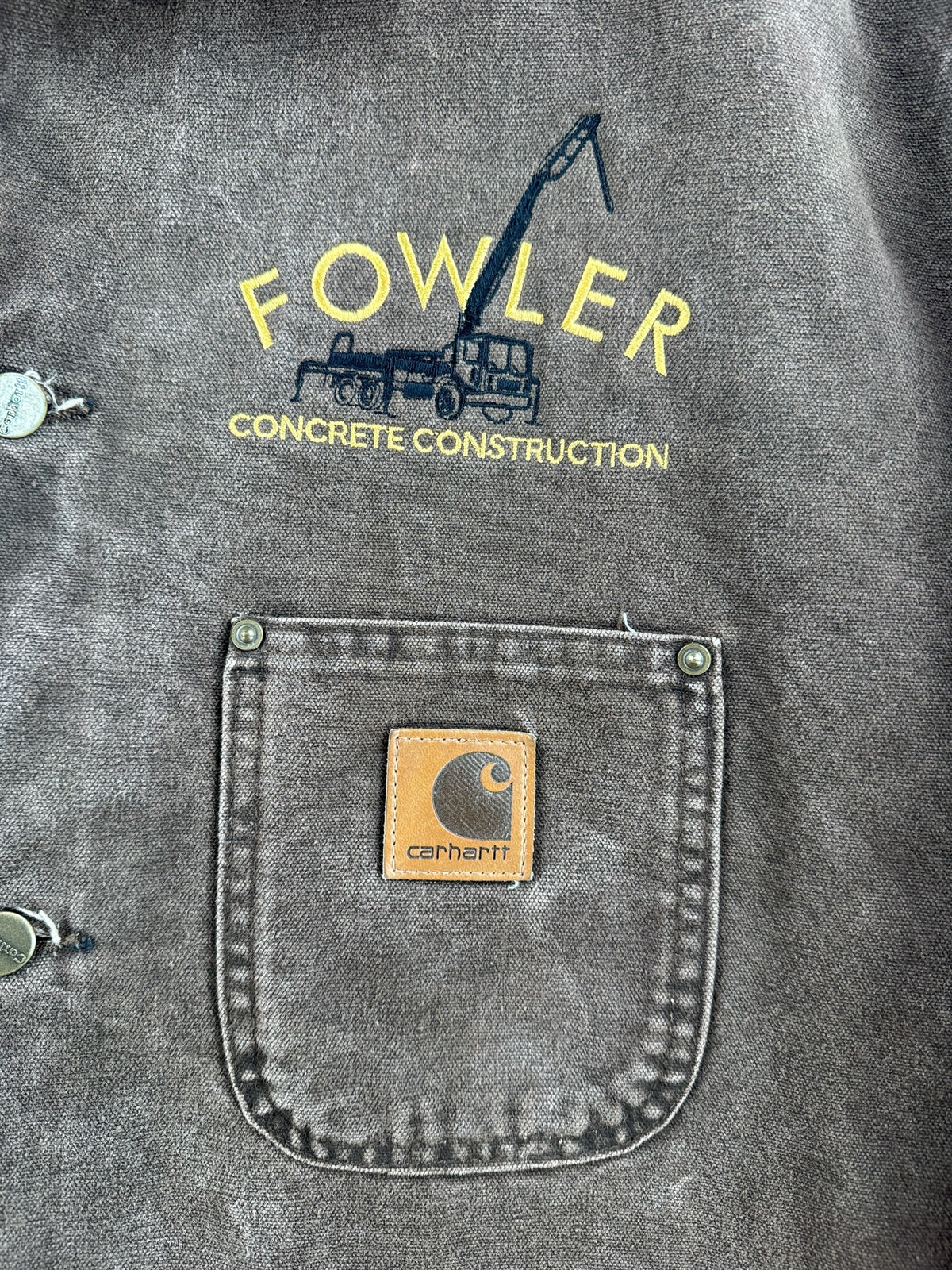 Pocket and company embroidery on Vintage Brown Carhartt Chore Jacket SZ XL