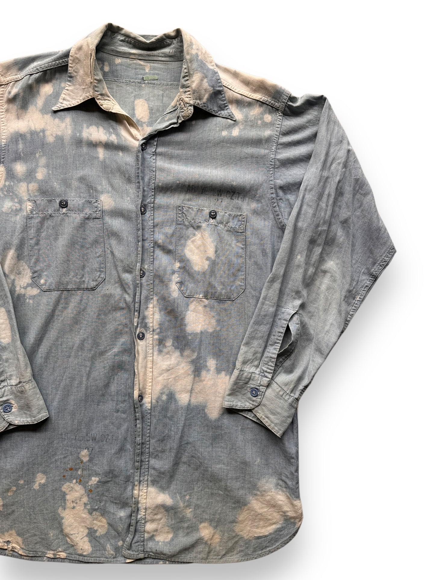 front left of Vintage Bleach Splattered USN Chambray Shirt SZ XL