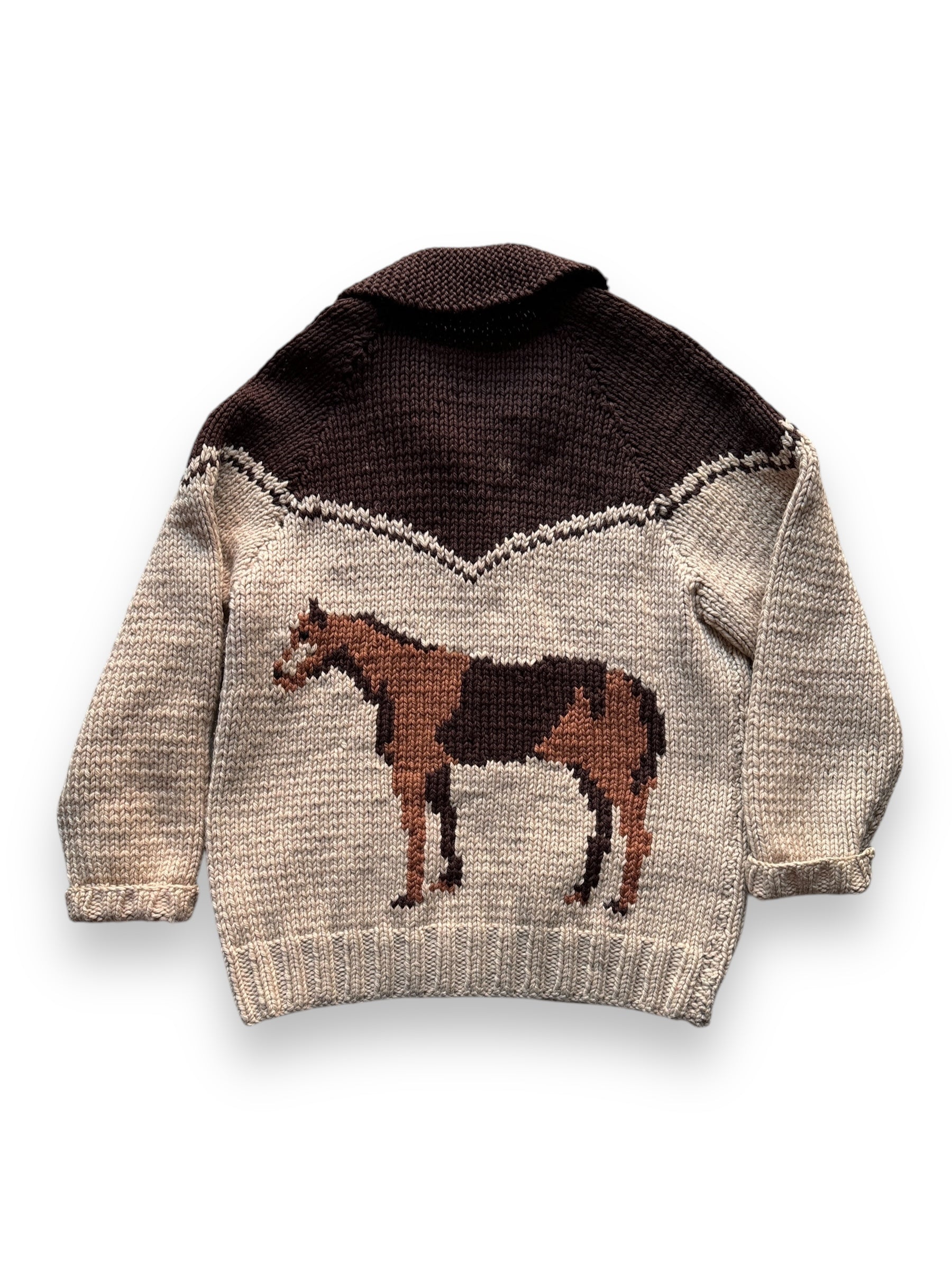 Rear View of Vintage Horse Themed Cowichan Style Sweater SZ L