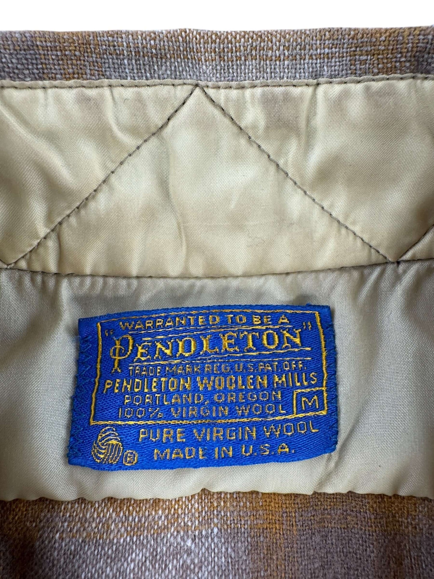 Label of Vintage Pendleton Beige Shadowplaid Pearlsnap Flannel SZ M AS IS
