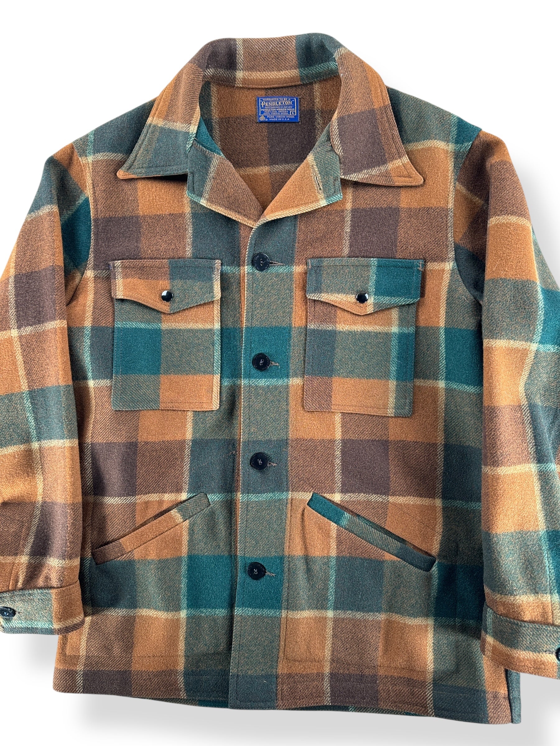 Front Close Up of Vintage Pendleton Brown and Green Jacket SZ L