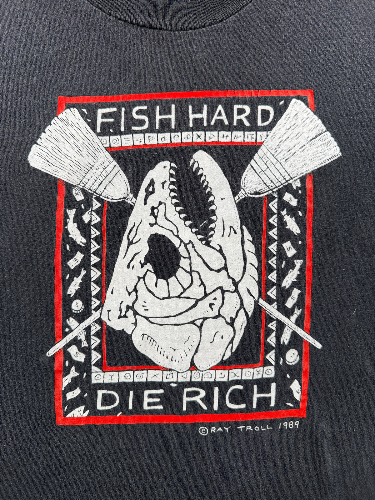 Graphic of Vintage 89’ Ray Troll Fish Hard Die Rich Tee SZ L