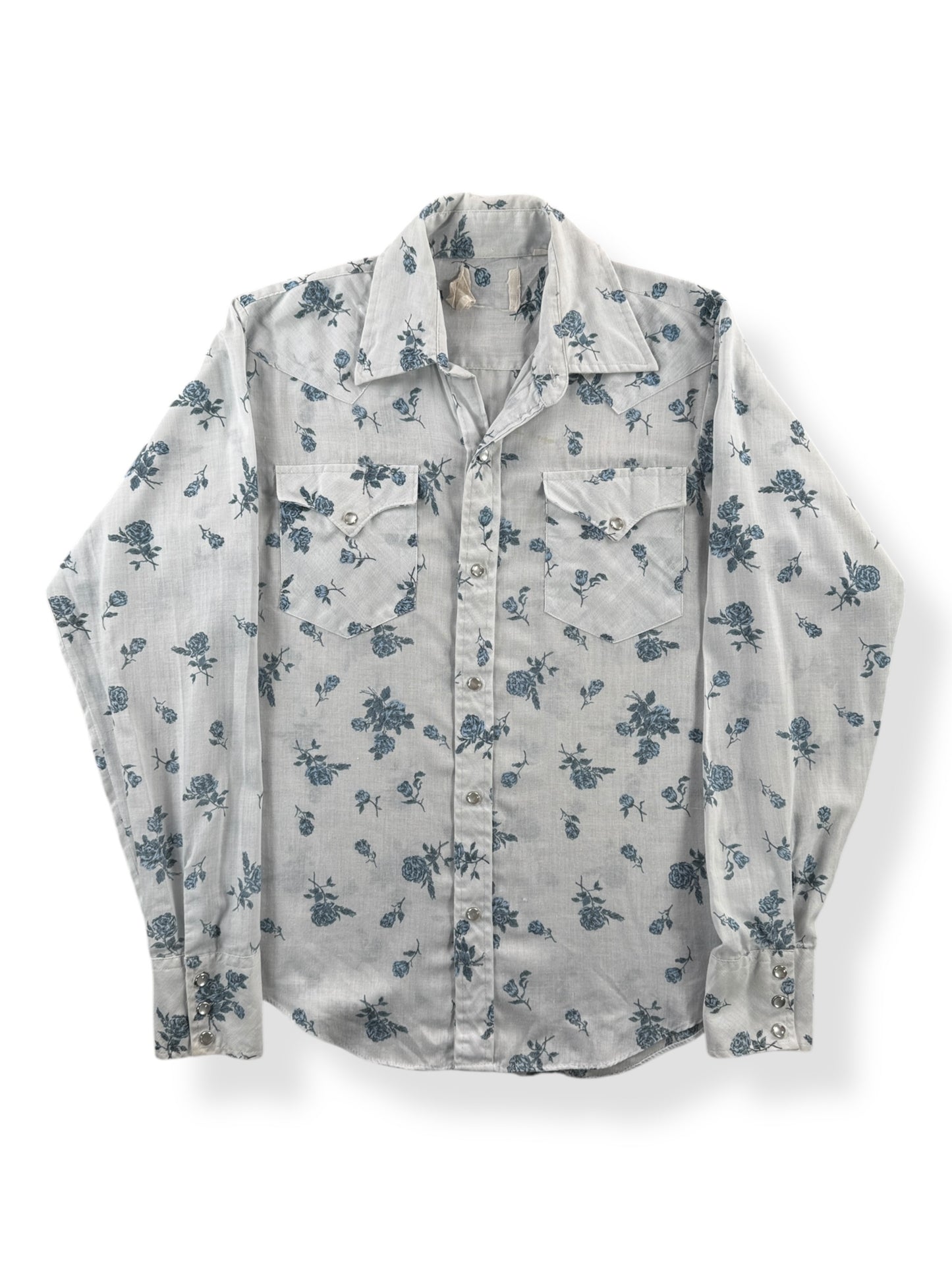 Front of Vintage Miller Baby Blue Floral Pearl Snap Shirt SZ S