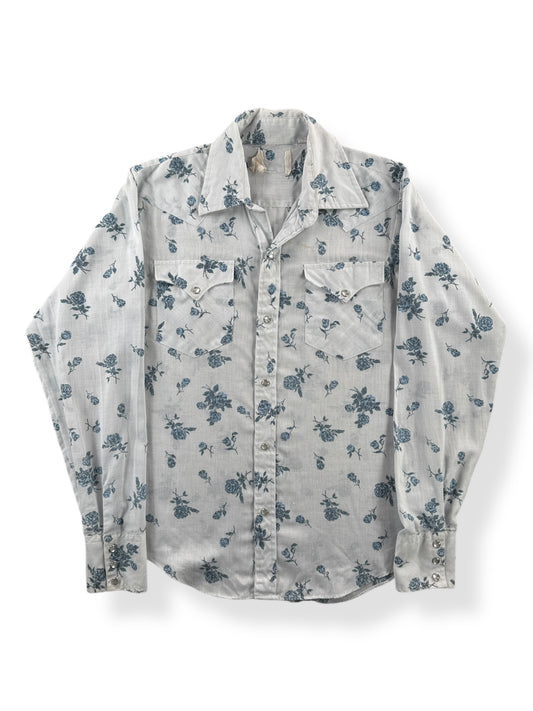 Front of Vintage Miller Baby Blue Floral Pearl Snap Shirt SZ S