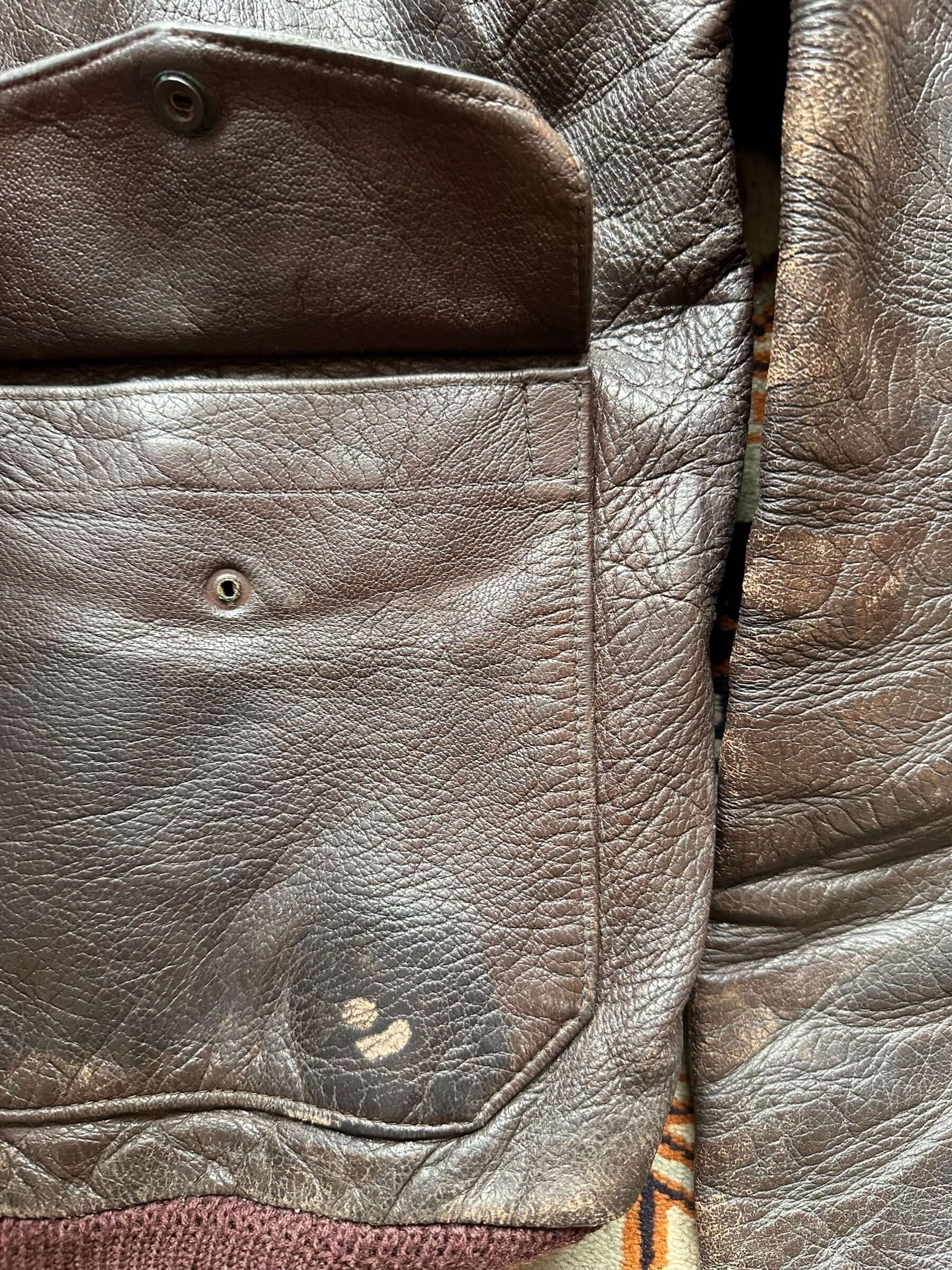 Pulled Snap View on Vintage Leather Jacket SZ 44 | Vintage Leather Jackets Seattle