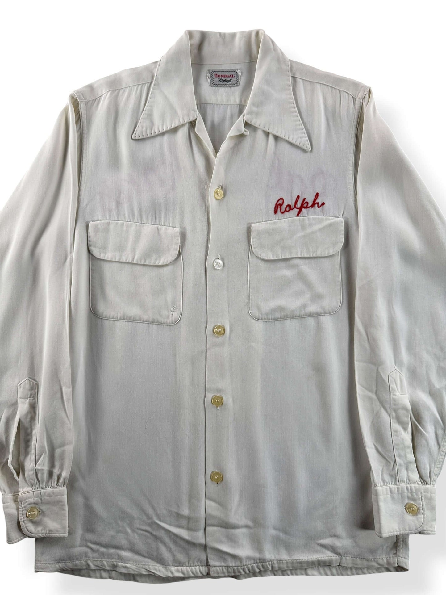 Front Close Up of Vintage Ralph and Anna's Tavern Long Sleeve Bowling Shirt SZ M