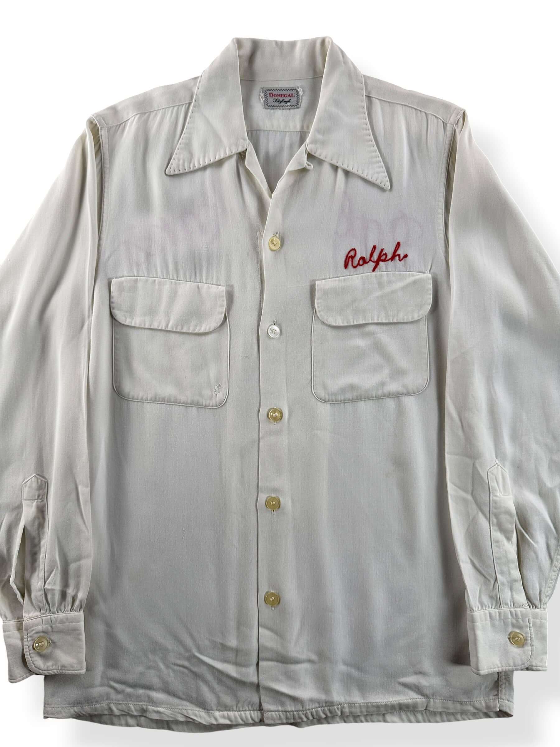 Front Close Up of Vintage Ralph and Anna's Tavern Long Sleeve Bowling Shirt SZ M