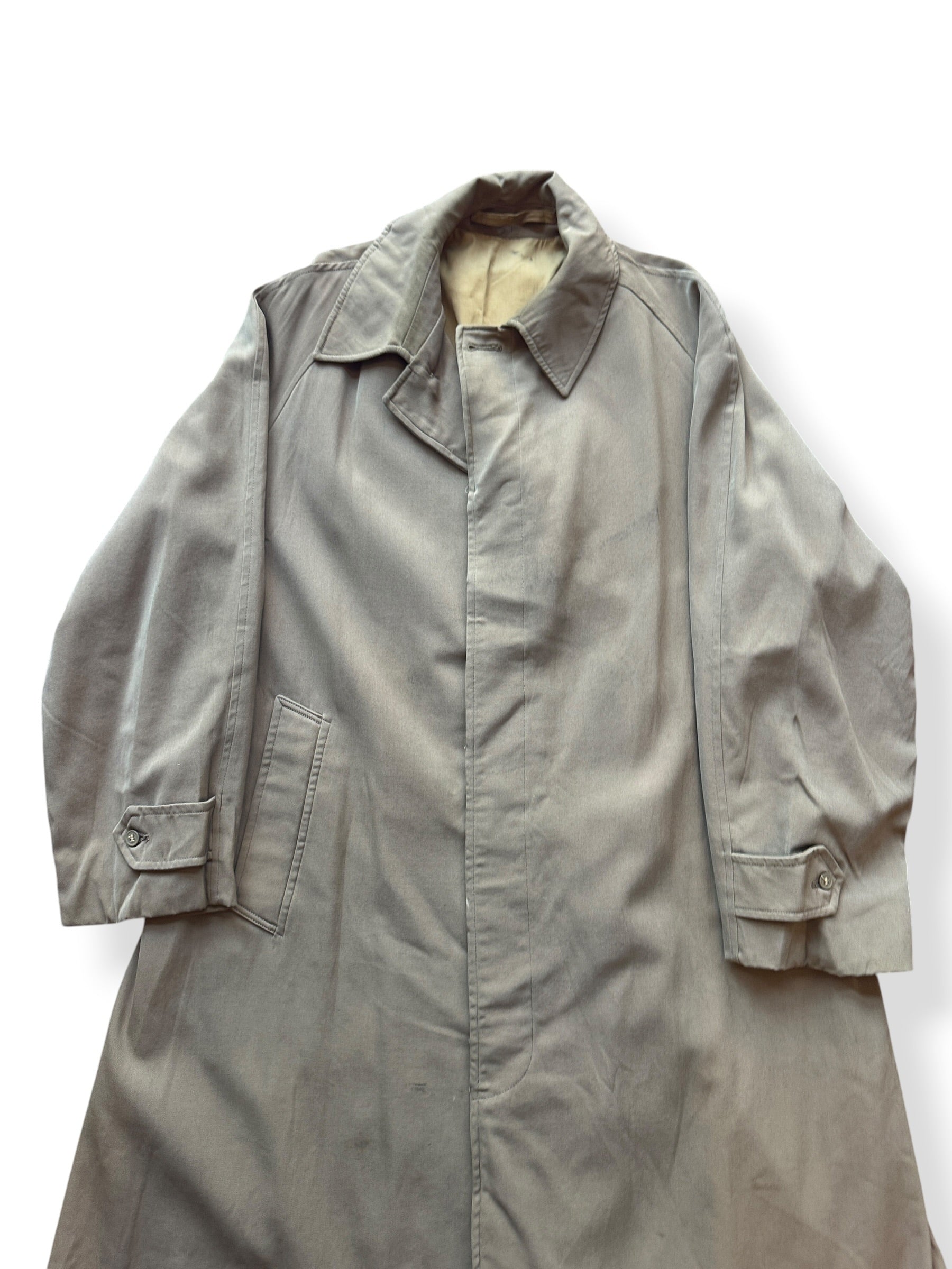 Front Close Up of Vintage Wool Gabardine Trench Coat SZ XL