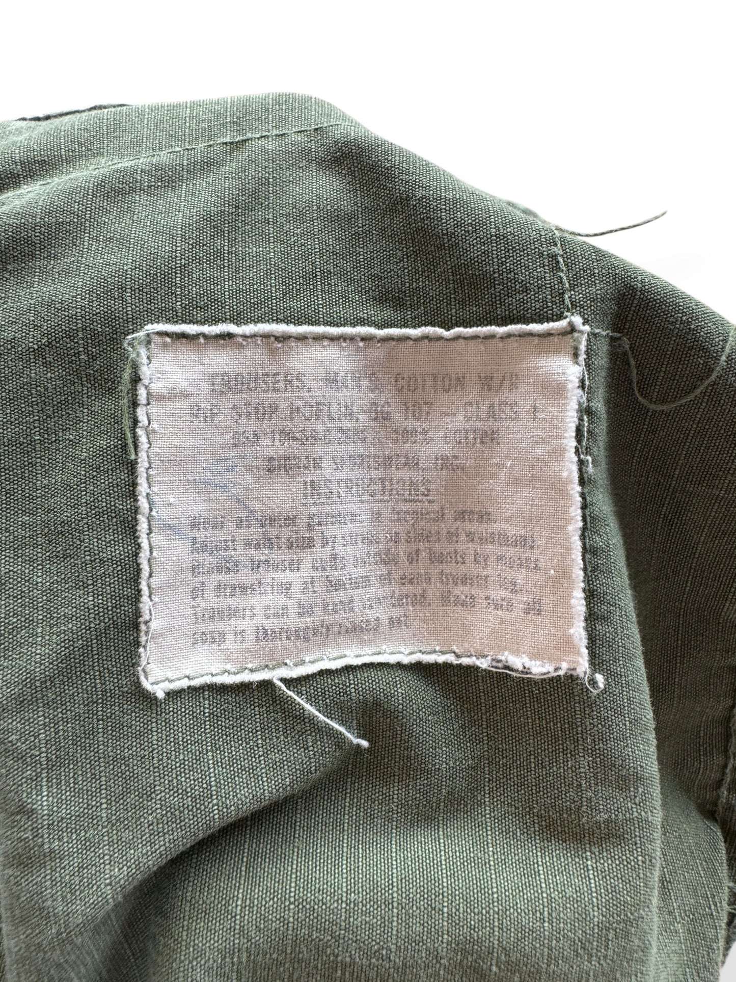 Label on Vintage Vietnam Era Rip Stop Poplin Field Trousers W38