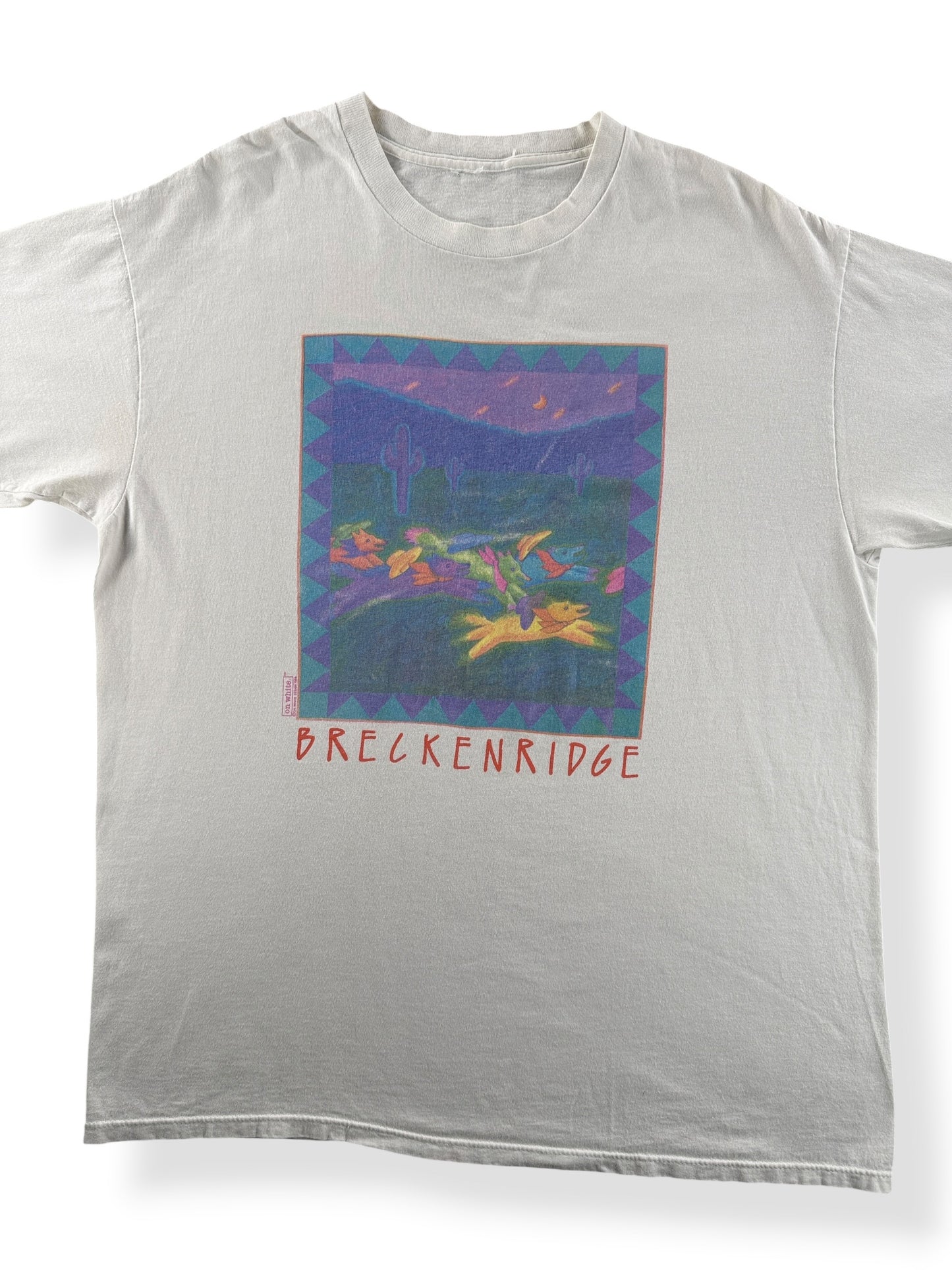 Front Close Up of Vintage Breckenridge Rainbow Dogs Tee SZ XL