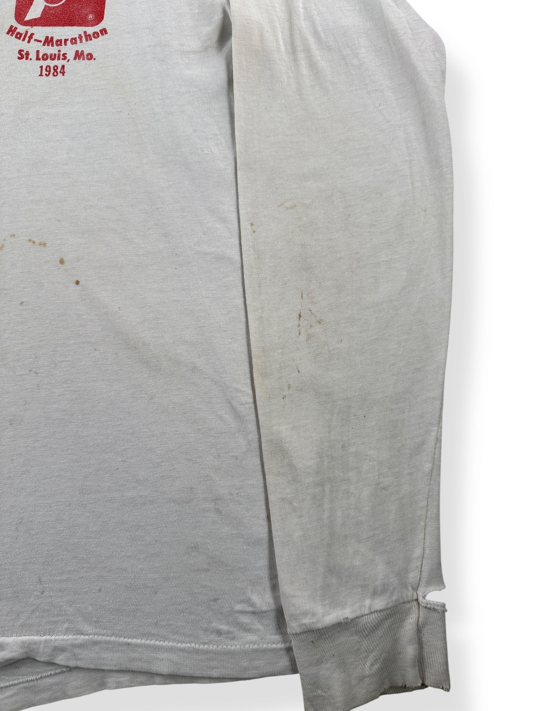 Stains on Vintage 1984 7Up Half Marathon St Louis MO LS Tee SZ L