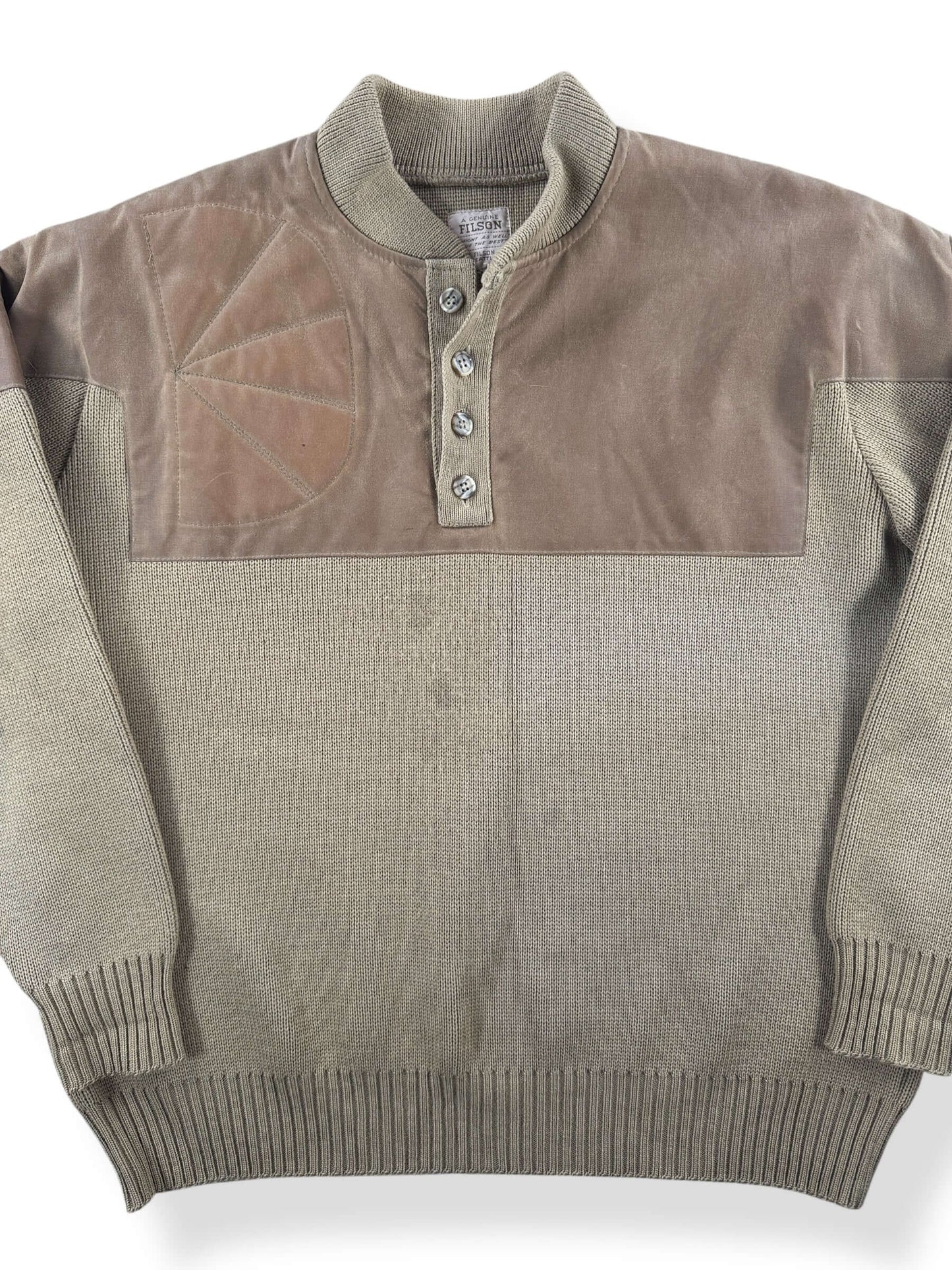 Front Close Up of Vintage Filson Waterfowl Henley Guide Sweater SZ XL
