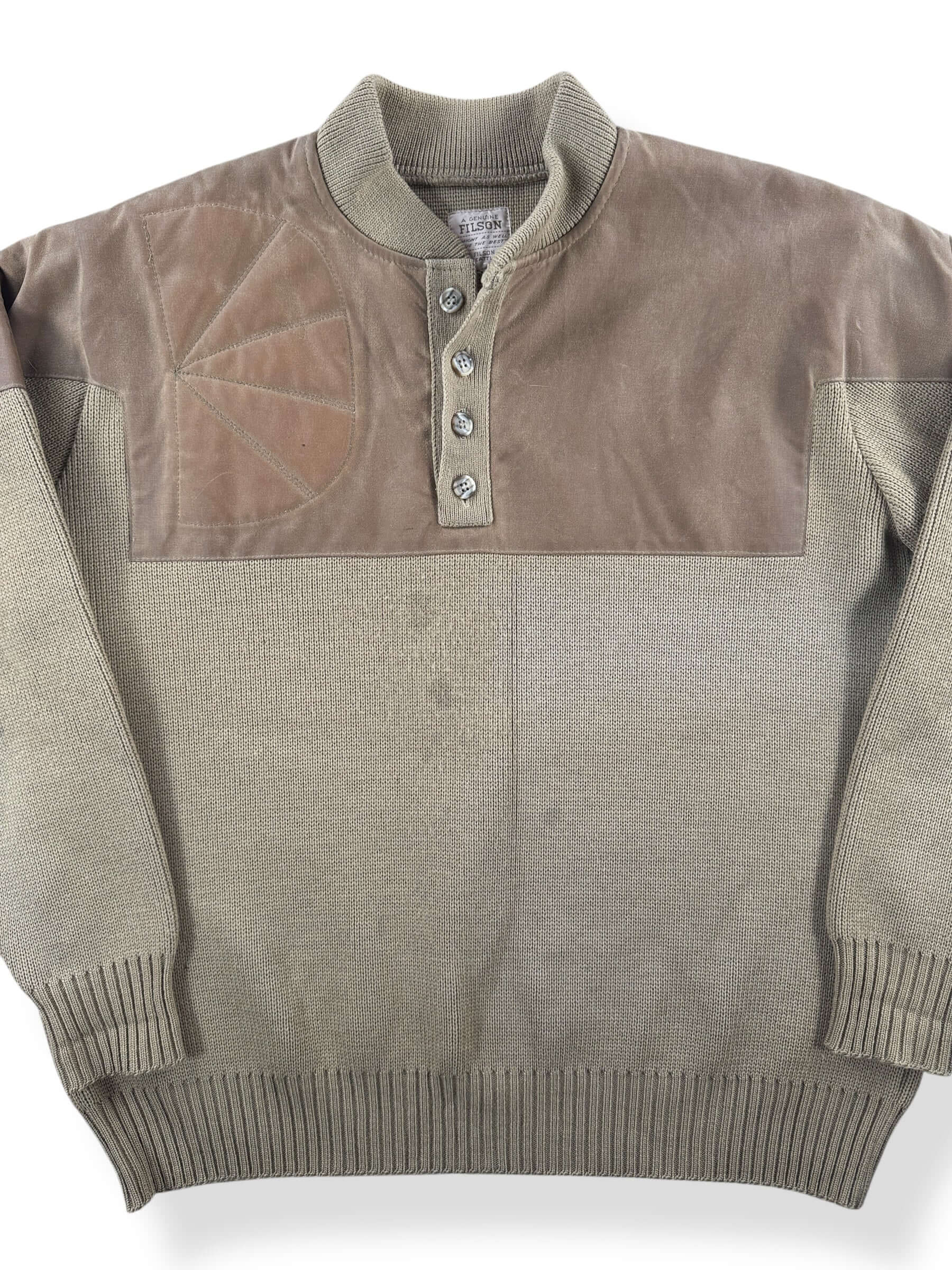 Front Close Up of Vintage Filson Waterfowl Henley Guide Sweater SZ XL