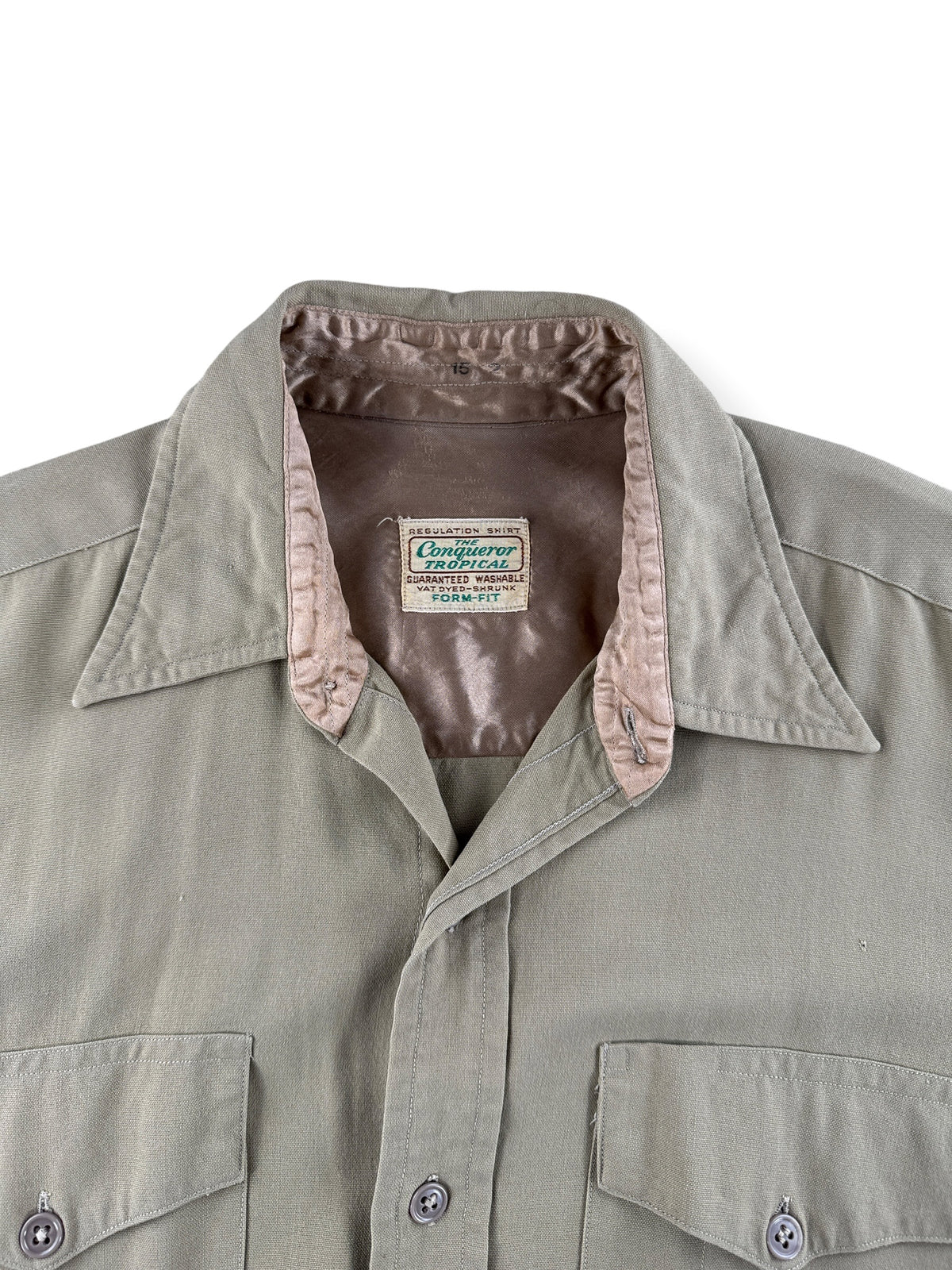 Collar on Vintage Conqueror Tropical Army Shirt SZ L
