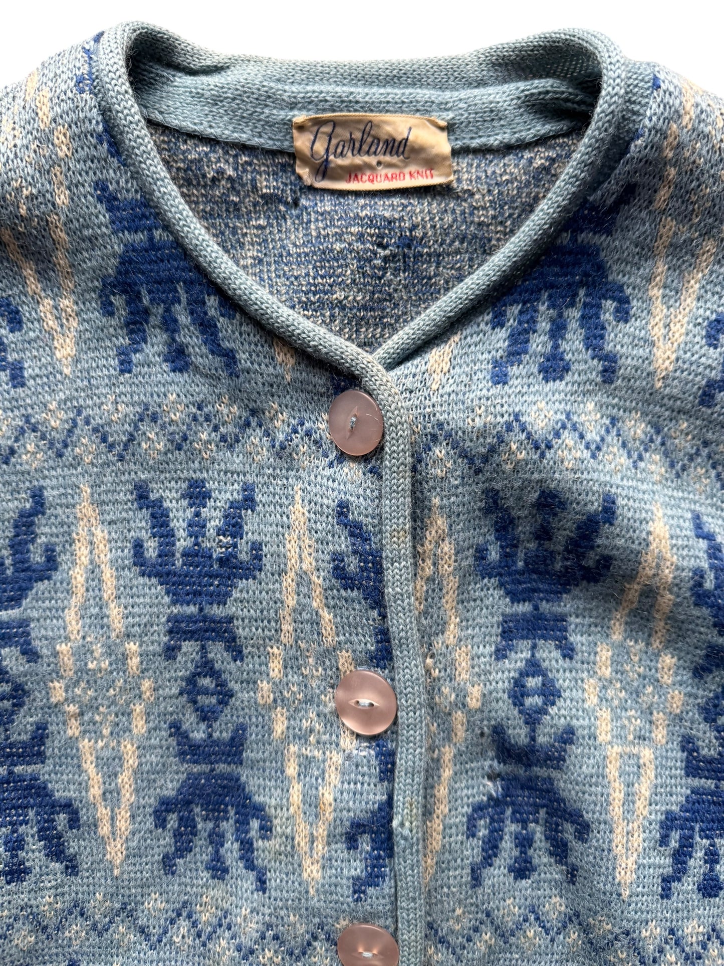 Collar and tag view of 1950s Garland Jaquard Cardigan M-L