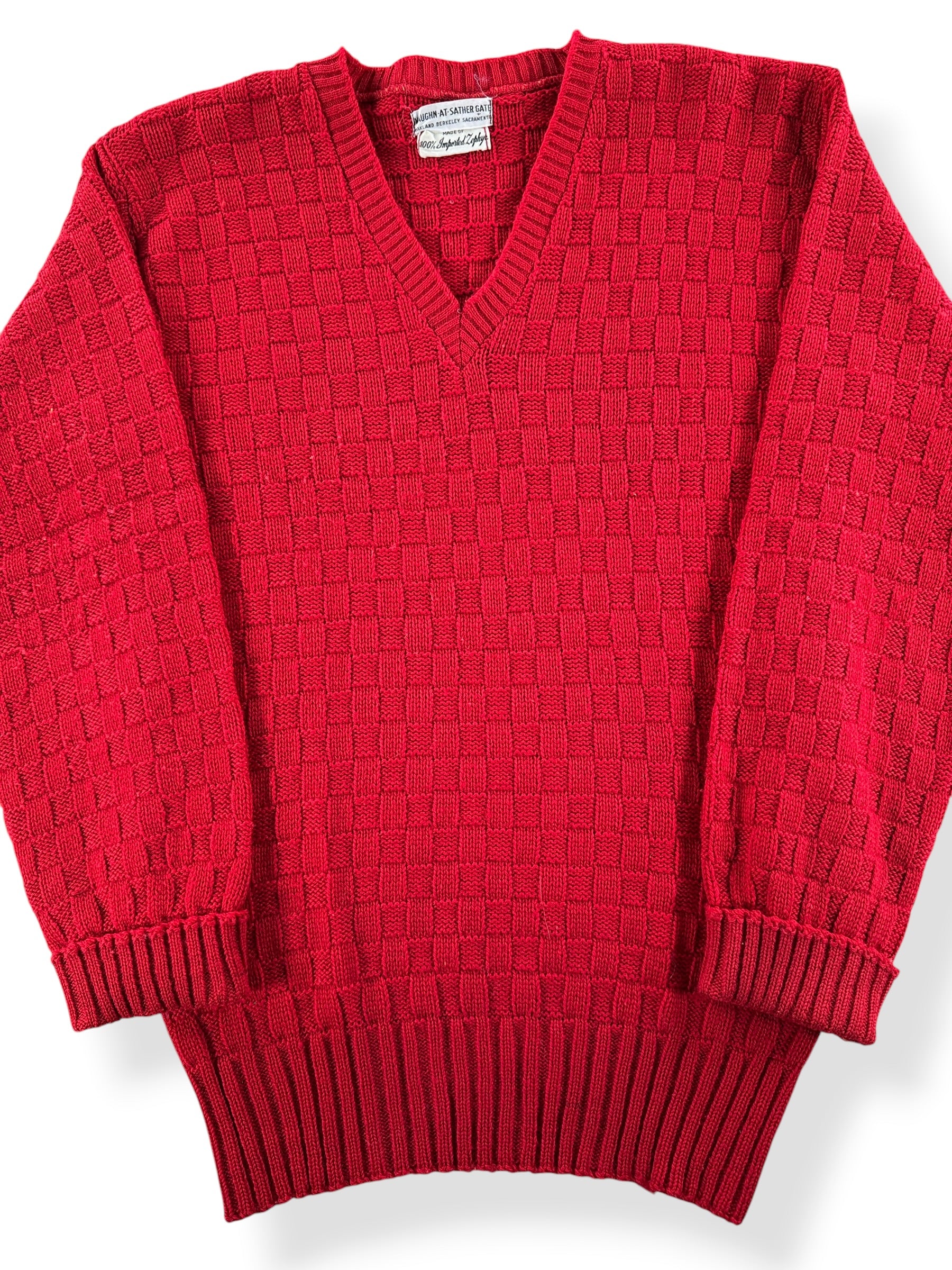 Front Close Up of Vintage Red Knit Vaughn-At-Sather Gate Sweater SZ XS