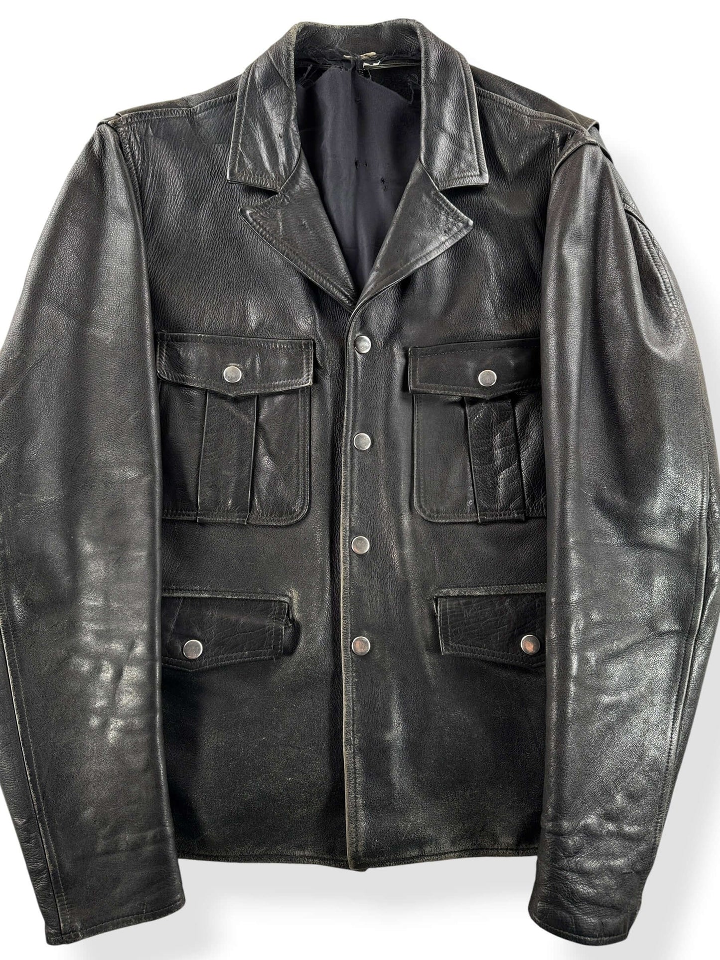 Front Close Up of Vintage Black Cowhide Leather Coat SZ M