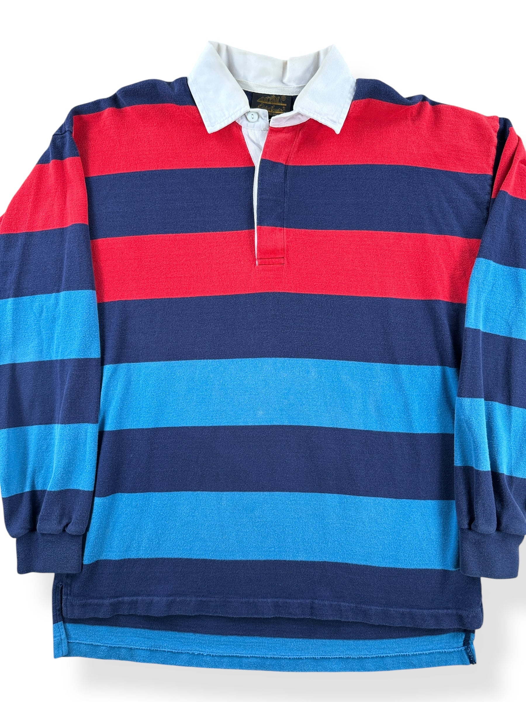 Front Close Up of Vintage 90s Eddie Bauer Striped Rugby Polo SZ XL