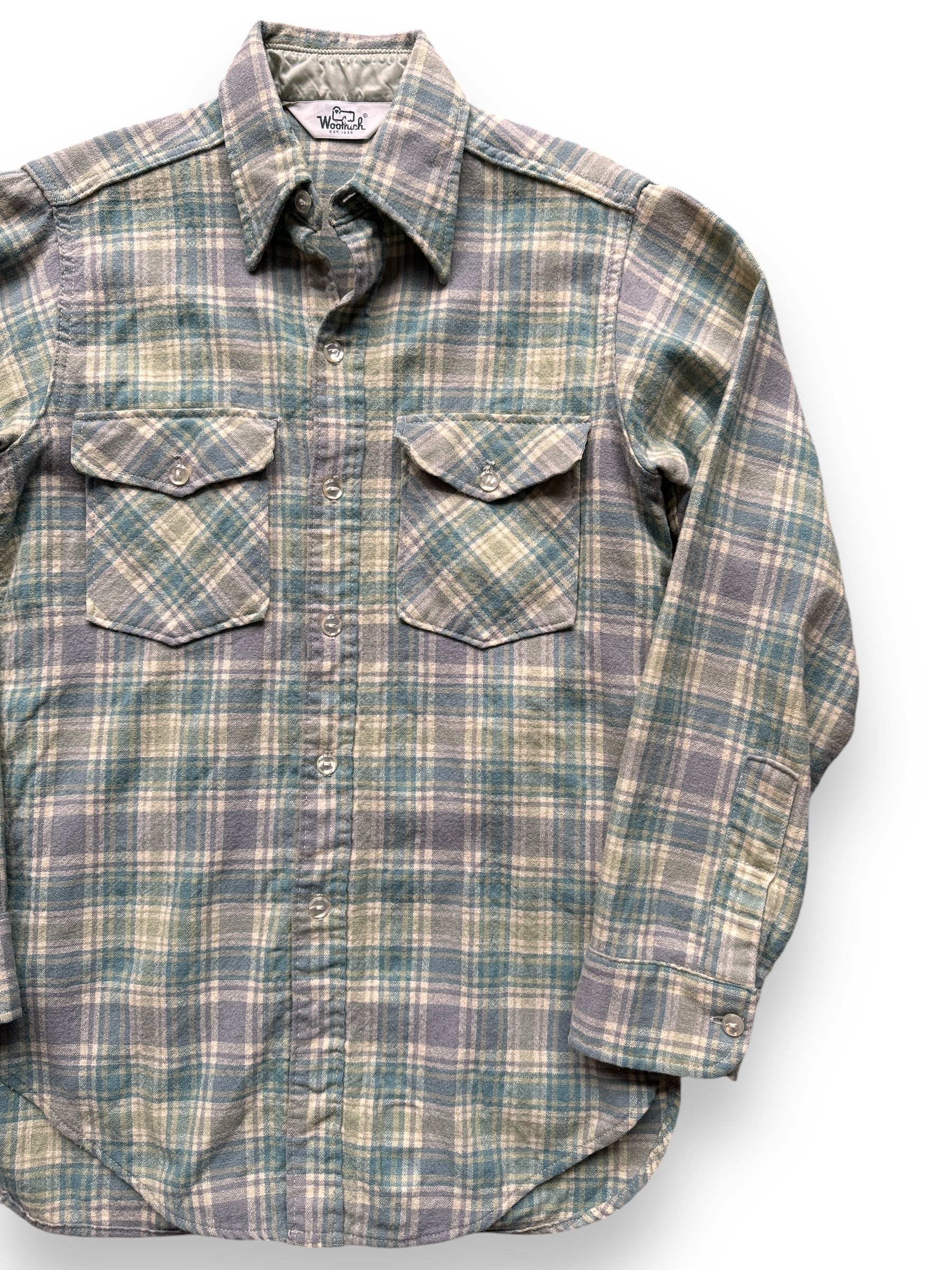 front left of Vintage Woolrich Blue Plaid Wool Flannel SZ M