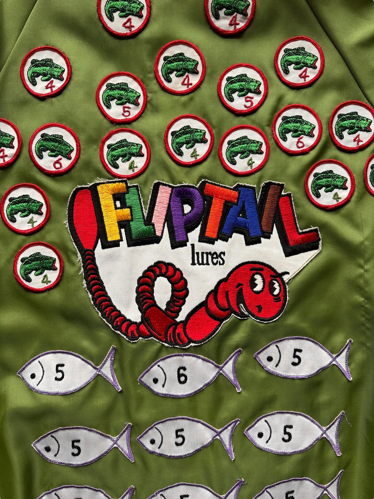 Back Patches on Vintage Fliptail Lures Fisherman Patches Windbreaker SZ XL