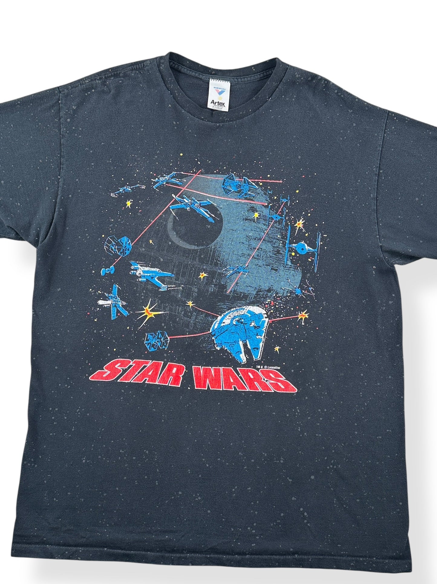 Front Close Up of Vintage Artex Star Wars AOP Tee SZ XL