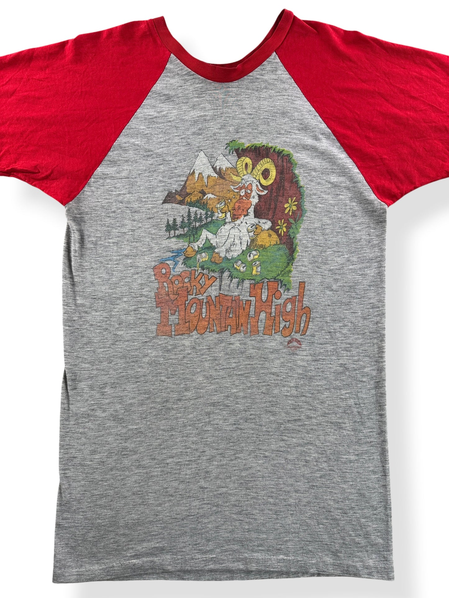 Front Close Up of Vintage 80s Rocky Mountain High Raglan Tee SZ XL (Fits M)