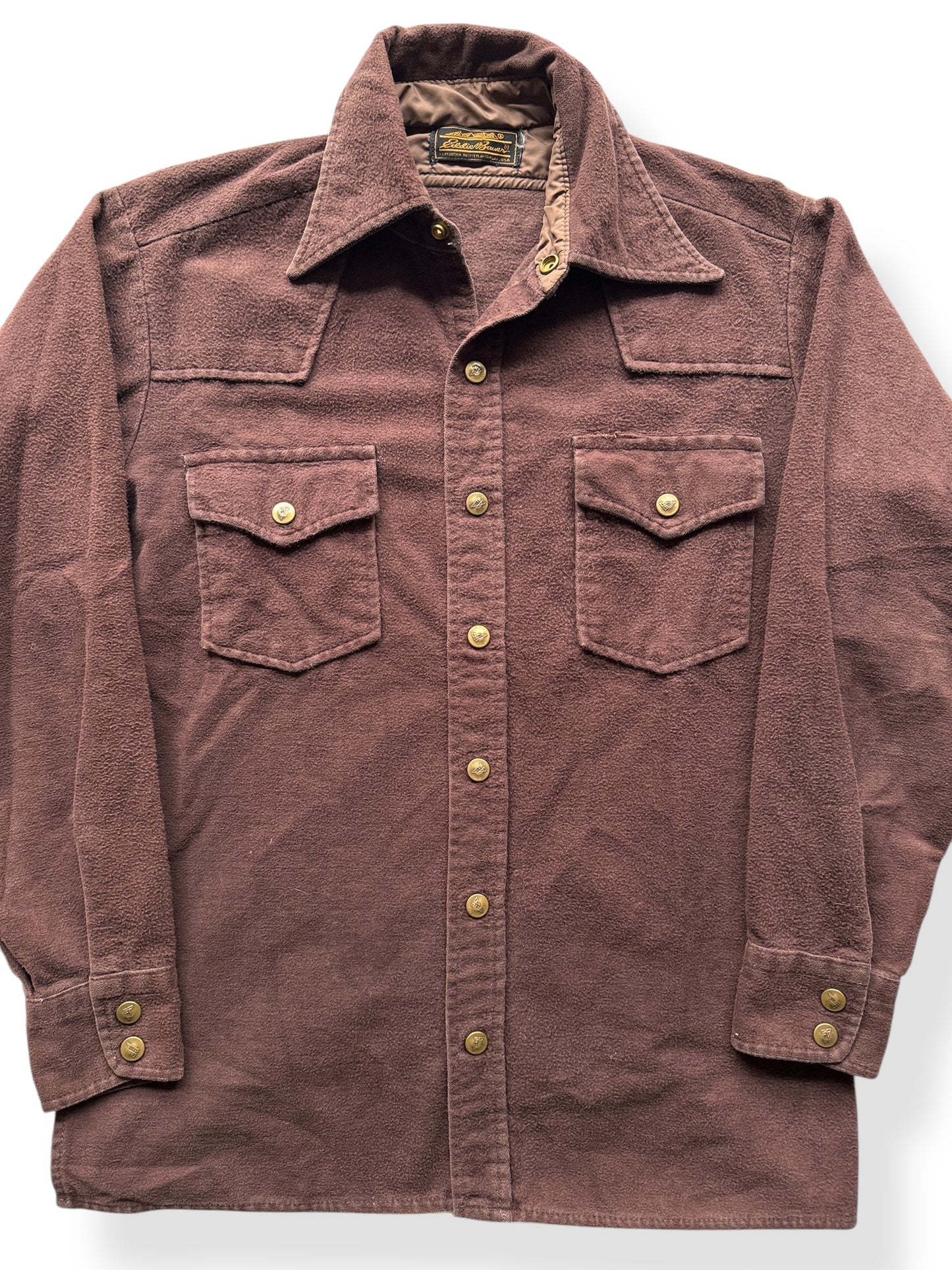 Front Close Up of Vintage Eddie Bauer Chocolate Moleskin Shirt SZ M