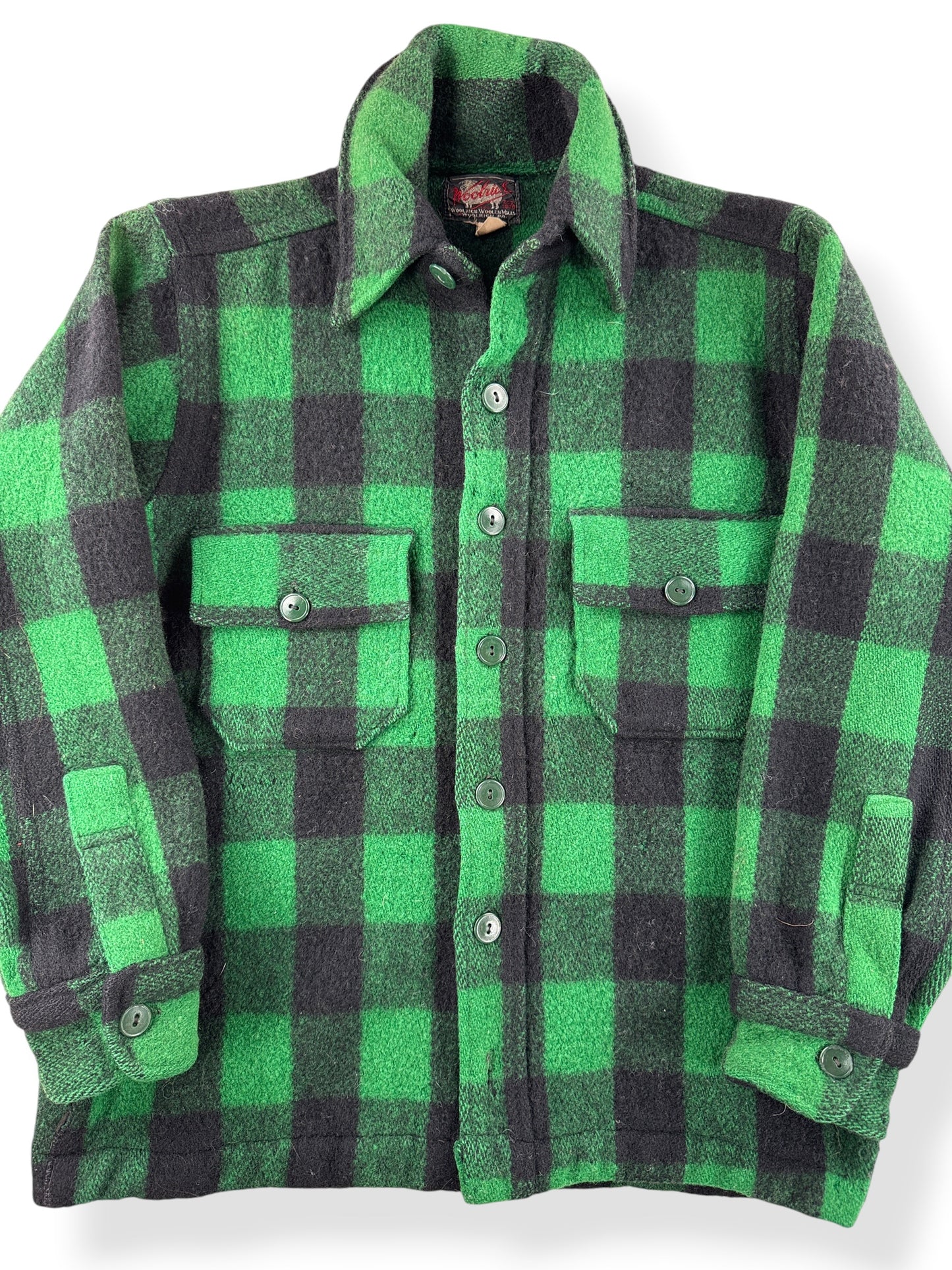 Close-up of Vintage 50s Woolrich Green Buffalo Plaid Wool Flannel SZ 15