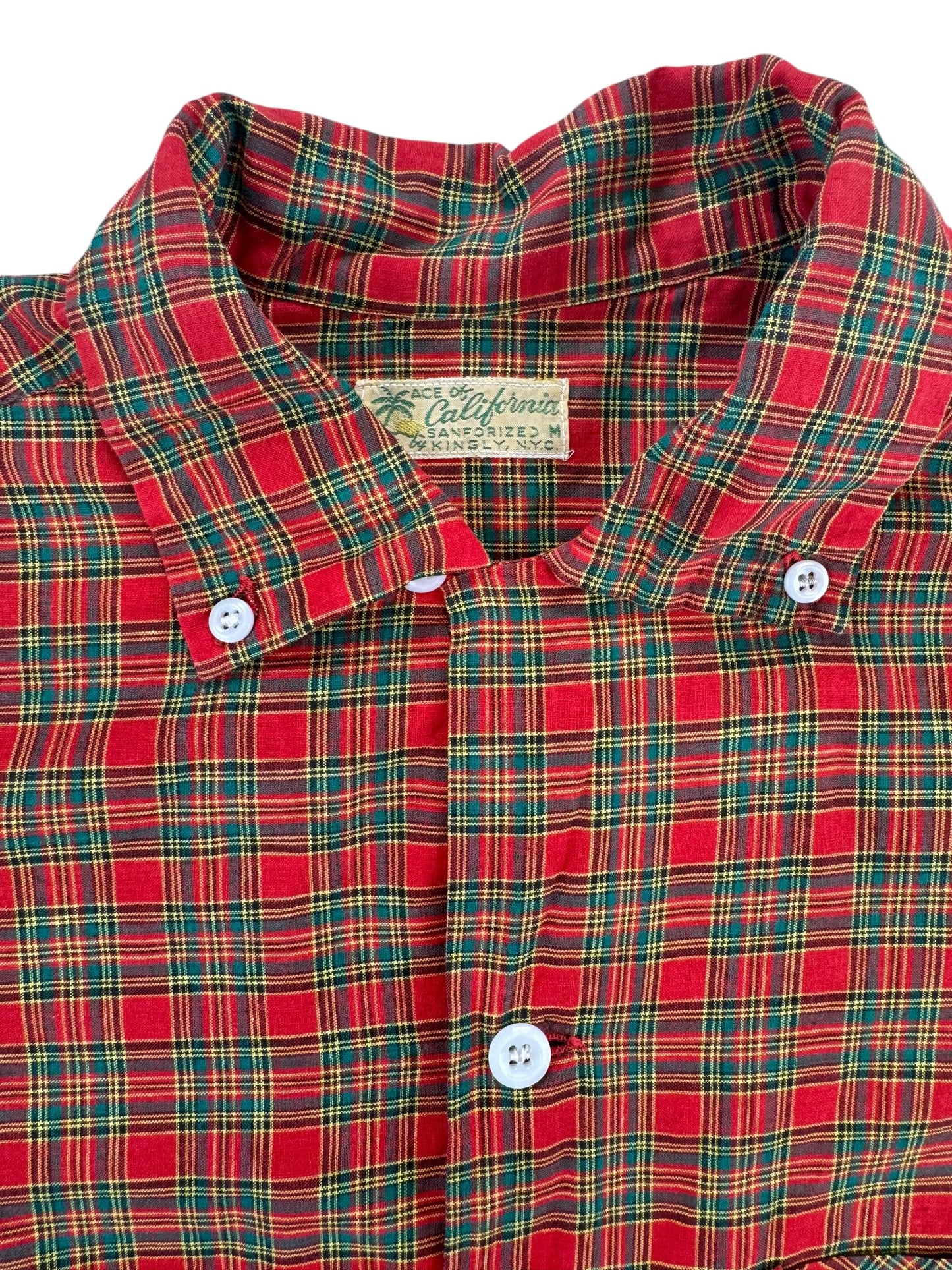 Collar tag view of 1940s Ace of California Plaid Loop Collar Shirt M