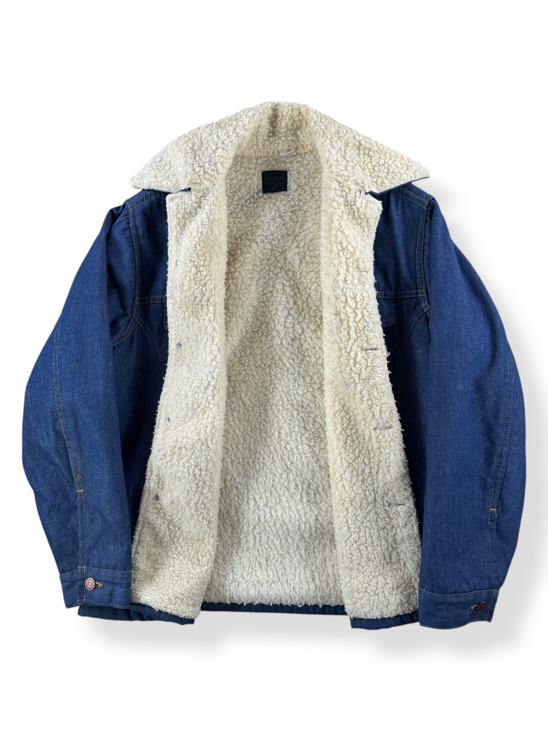 Inside of Vintage Roebucks Raw Denim Shearling Jacket SZ 46 XL