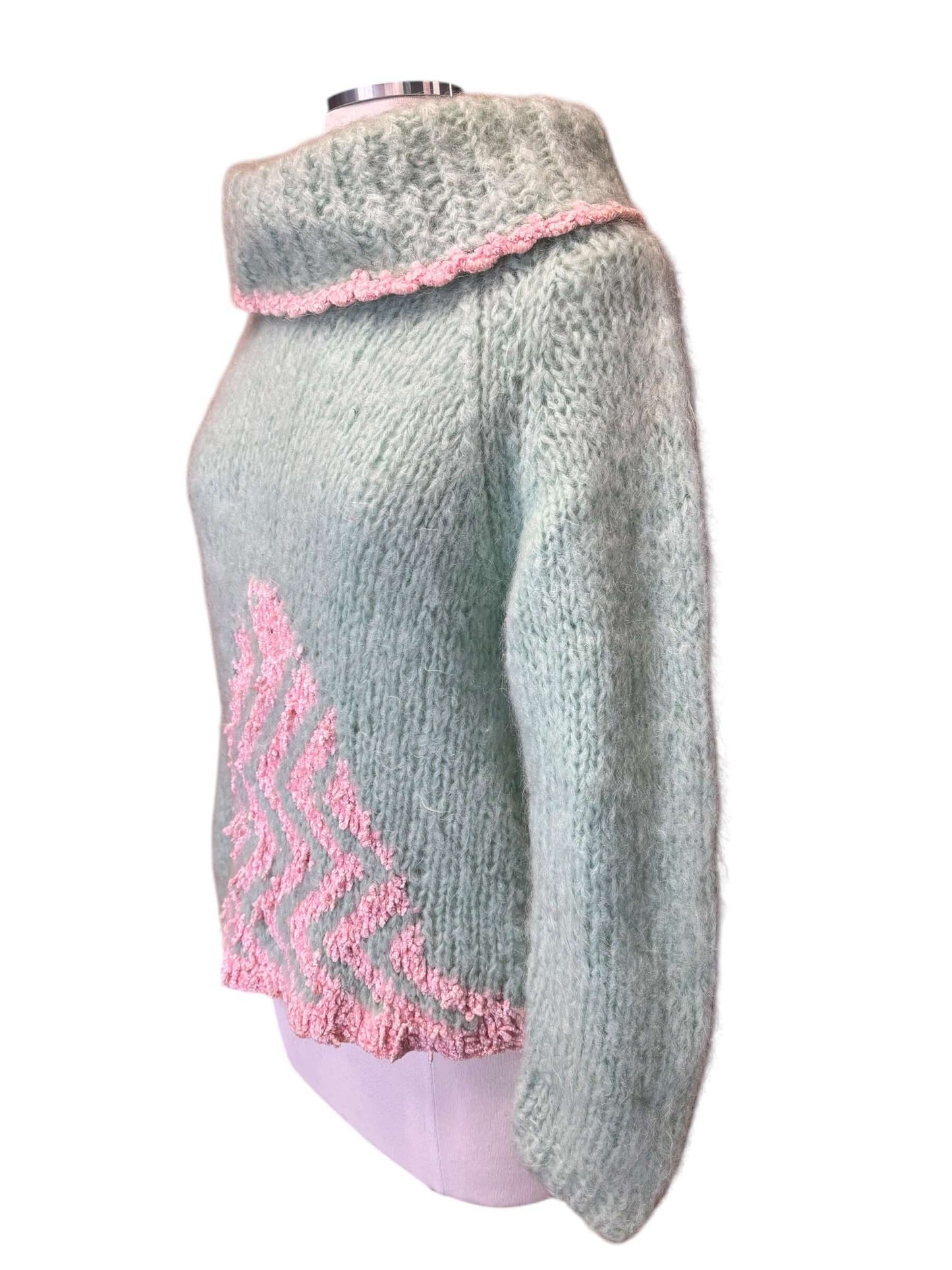 Side view of 1950s Nanette Mint Mohair Cowl Neck Sweater L