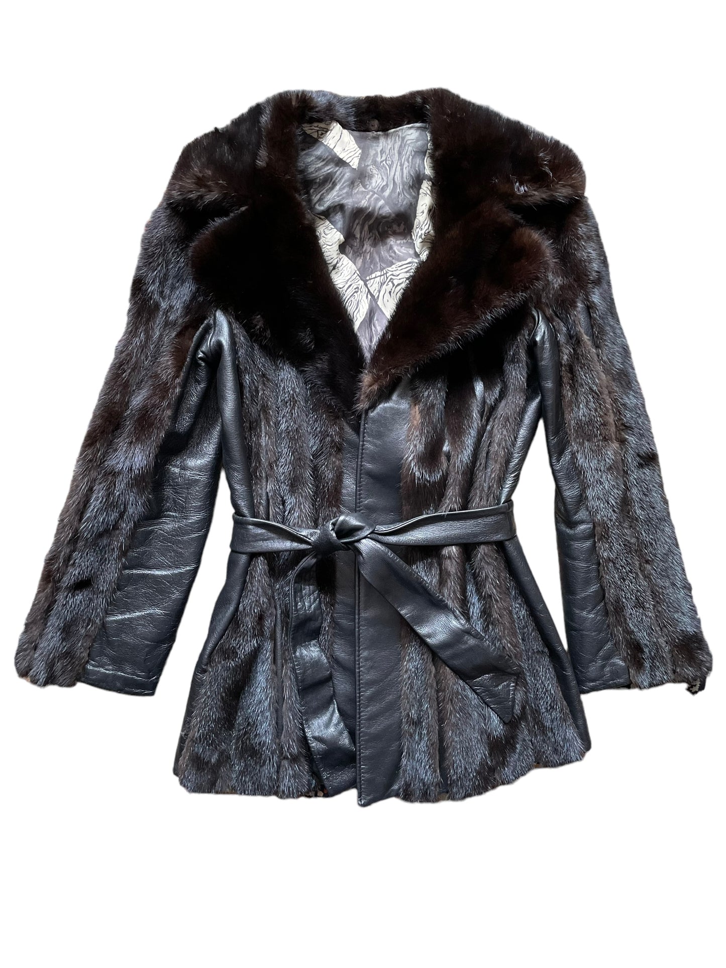 Full front view of Vintage 1940s-50s Leather and Fur Belted Coat SZ M-L | Seattle True Vintage | Barn Owl Vintage Coats