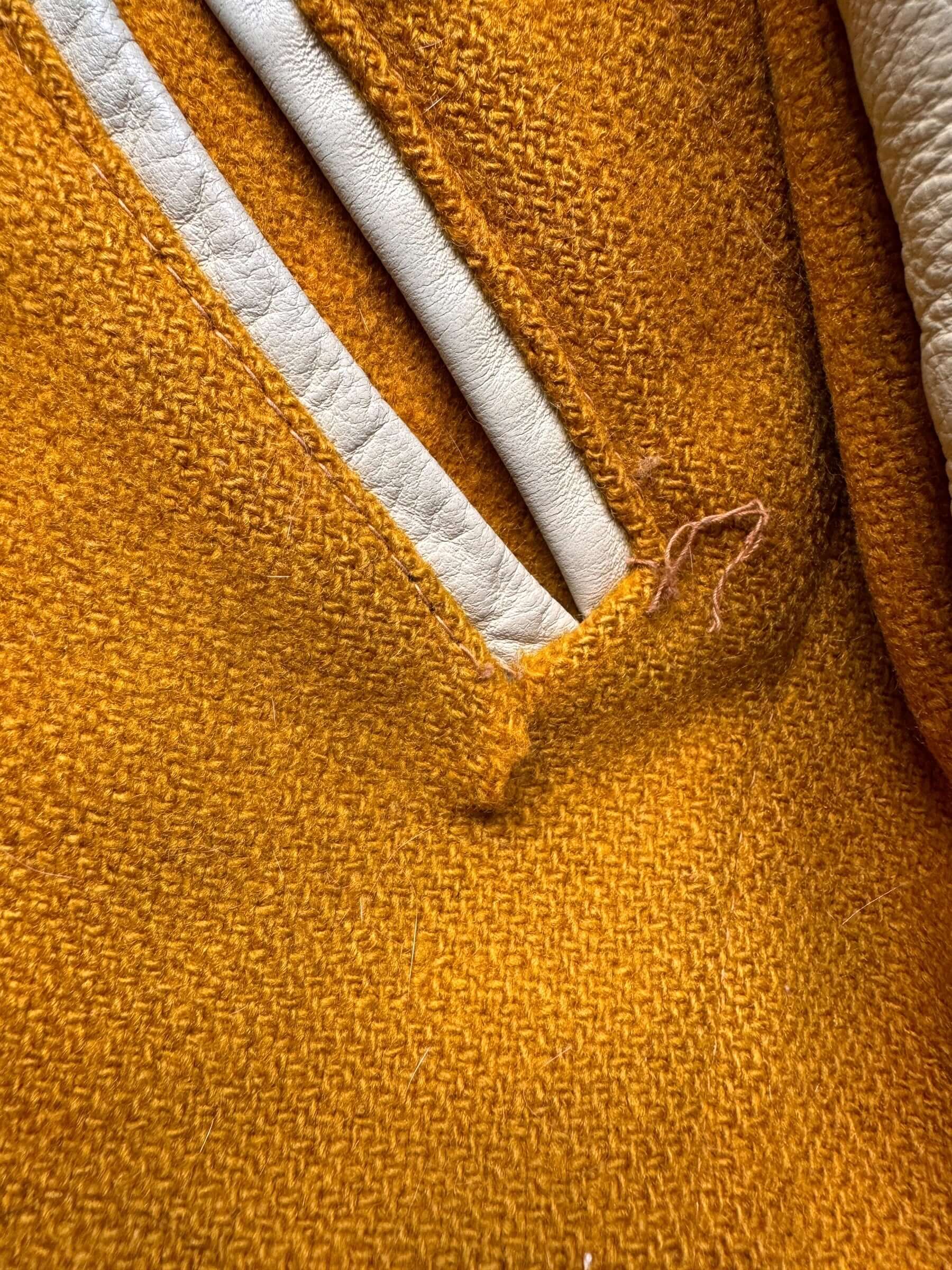 Small Repair Needed on Left Pocket of Vintage Lasley Mustard Yellow Wool Lettermans Jacket SZ 42