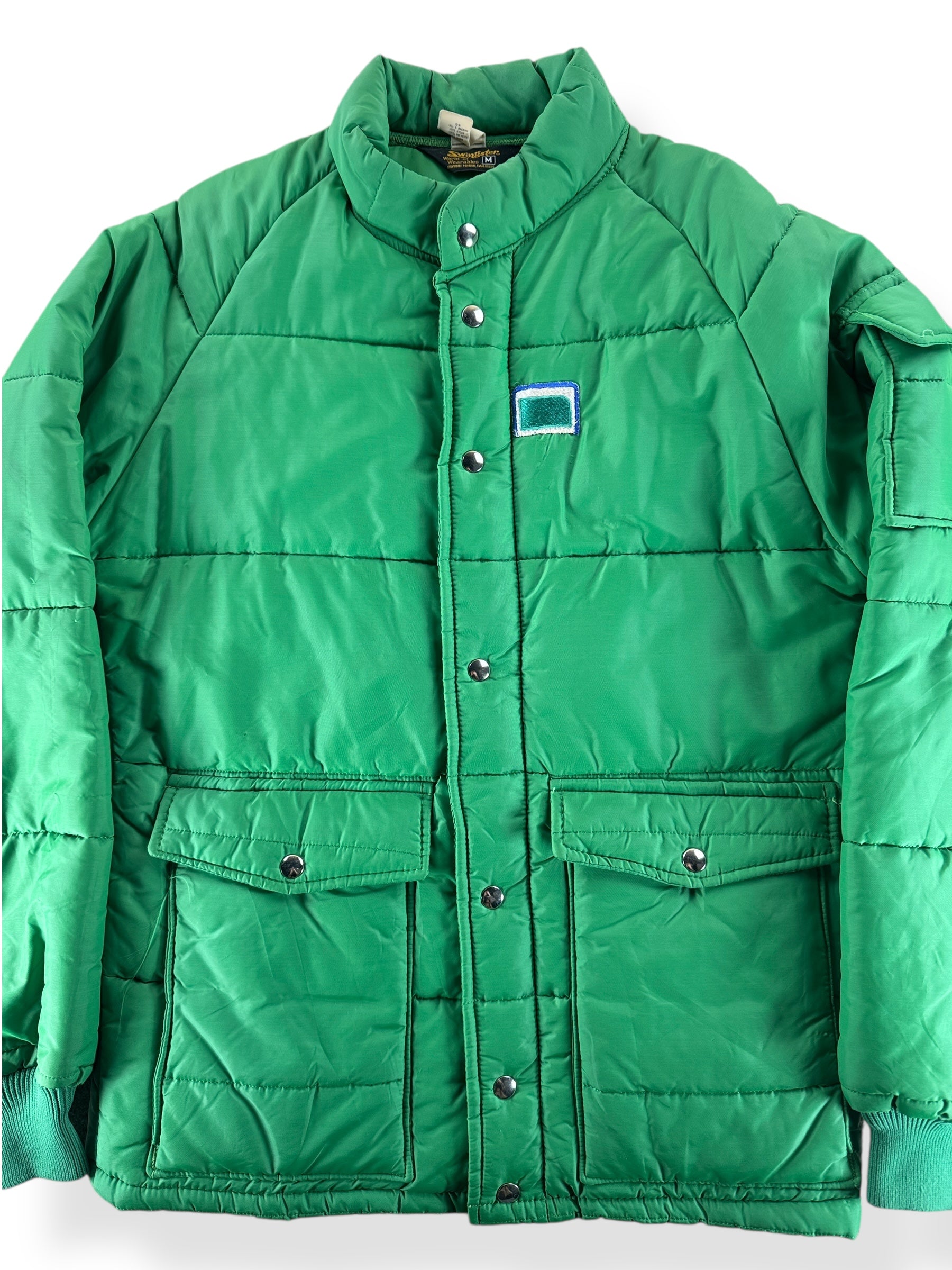 Front Close Up of Vintage 70s Swingster Green Puffer Jacket SZ M