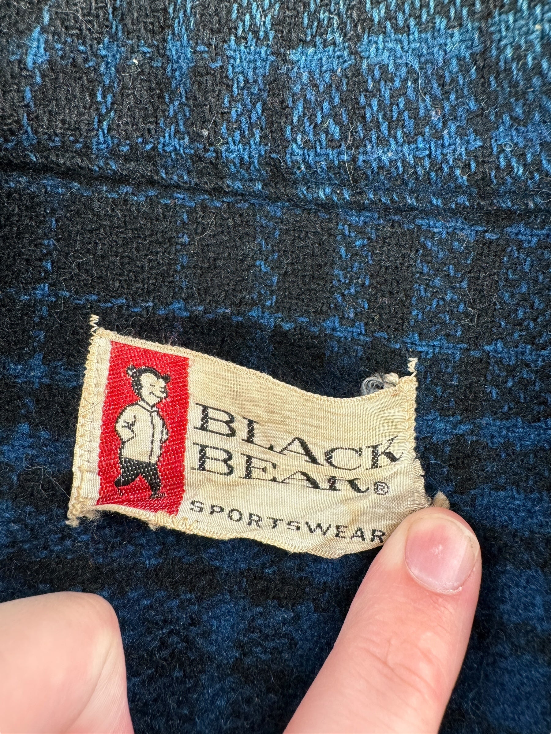 Tag on Vintage Black Bear Blue & Black Wool Jacket SZ XL