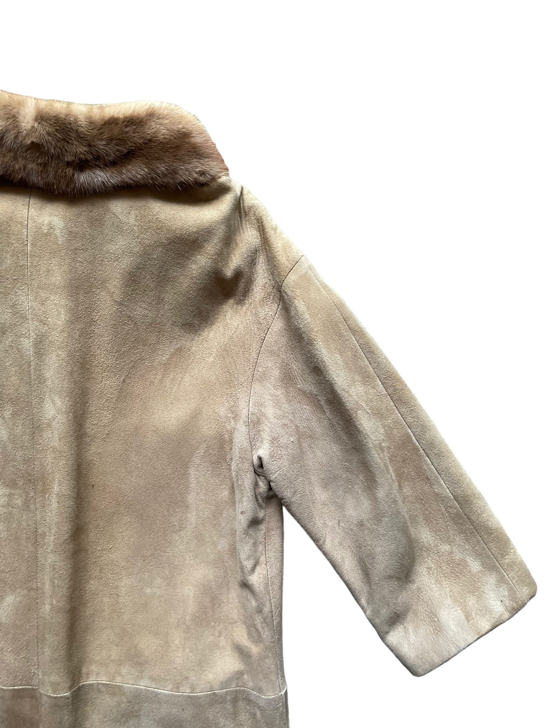 Back right shoulder view of Vintage 1960s Suede Coat with Mink Collar SZ M-L | Seattle True Vintage | Barn Owl Vintage Coats