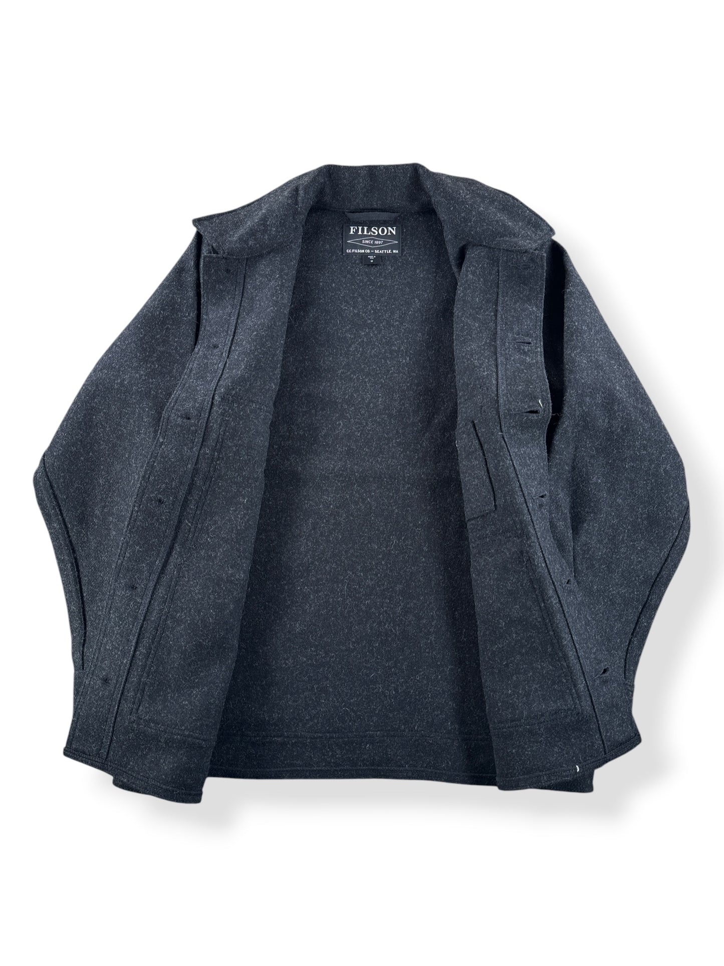 Inside of Filson Charcoal Mackinaw Wool Cruiser SZ M