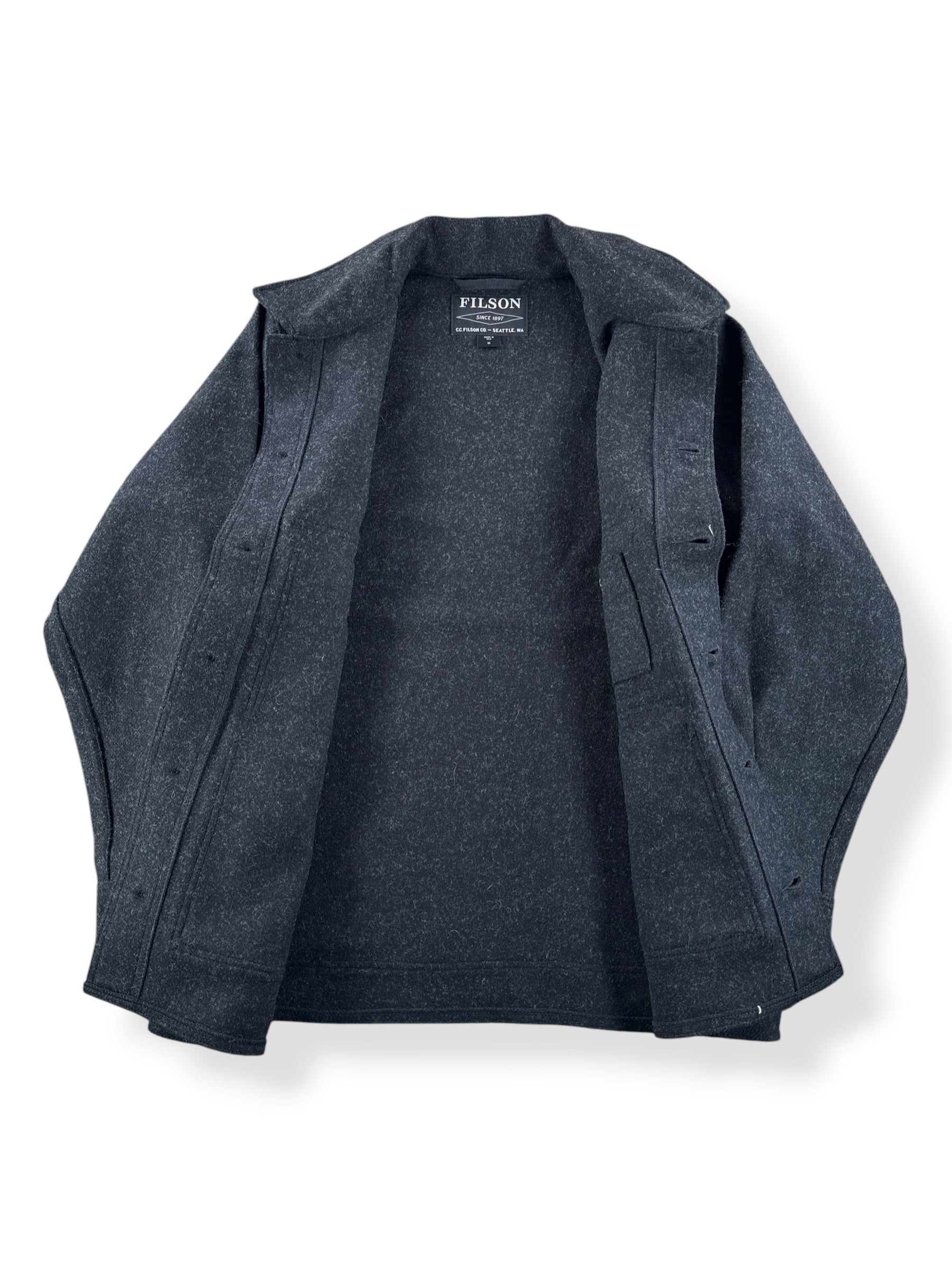 Inside of Filson Charcoal Mackinaw Wool Cruiser SZ M