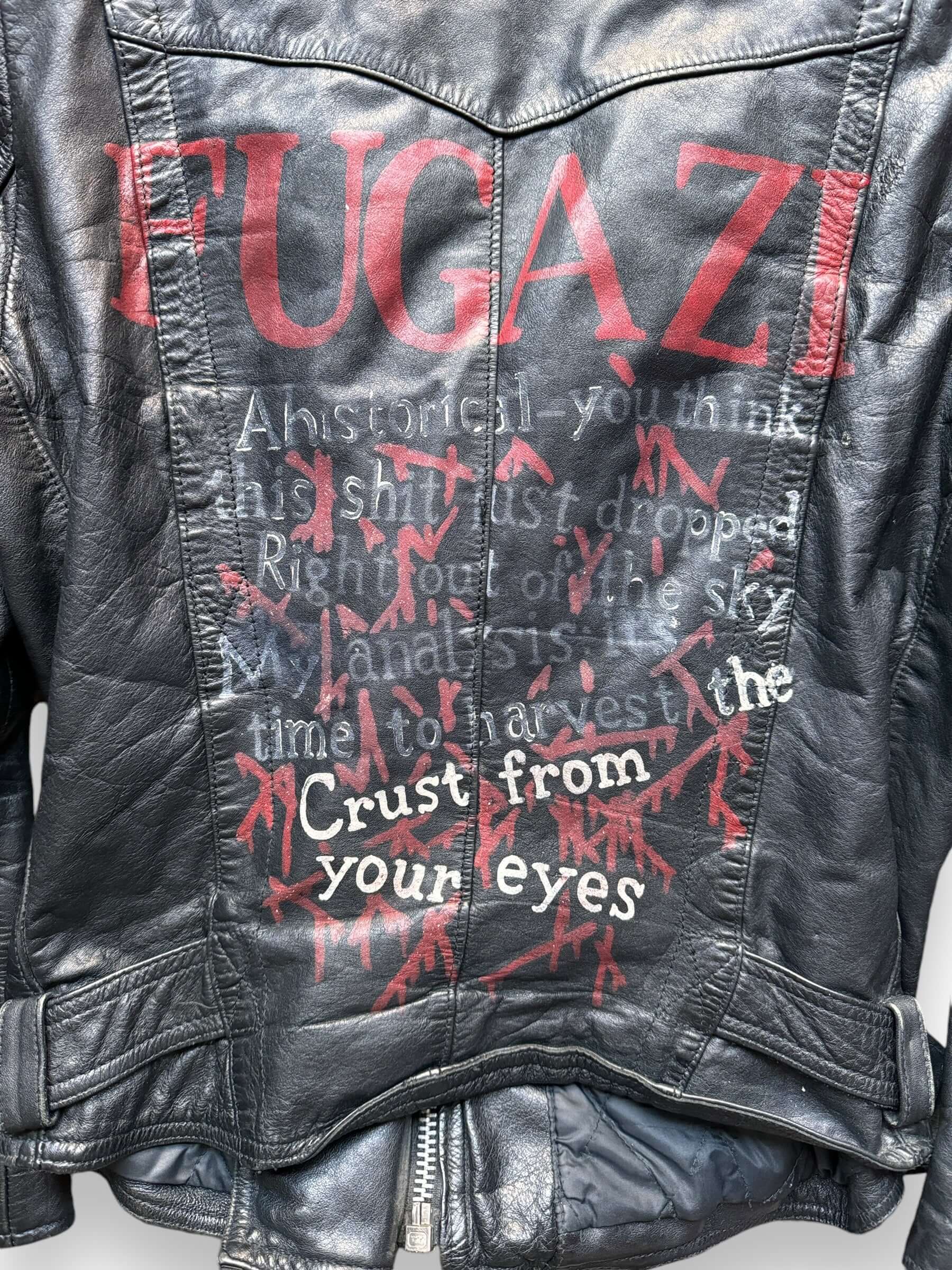 Rear Detail on Vintage Handpainted Fugazi Leather Jacket SZ S