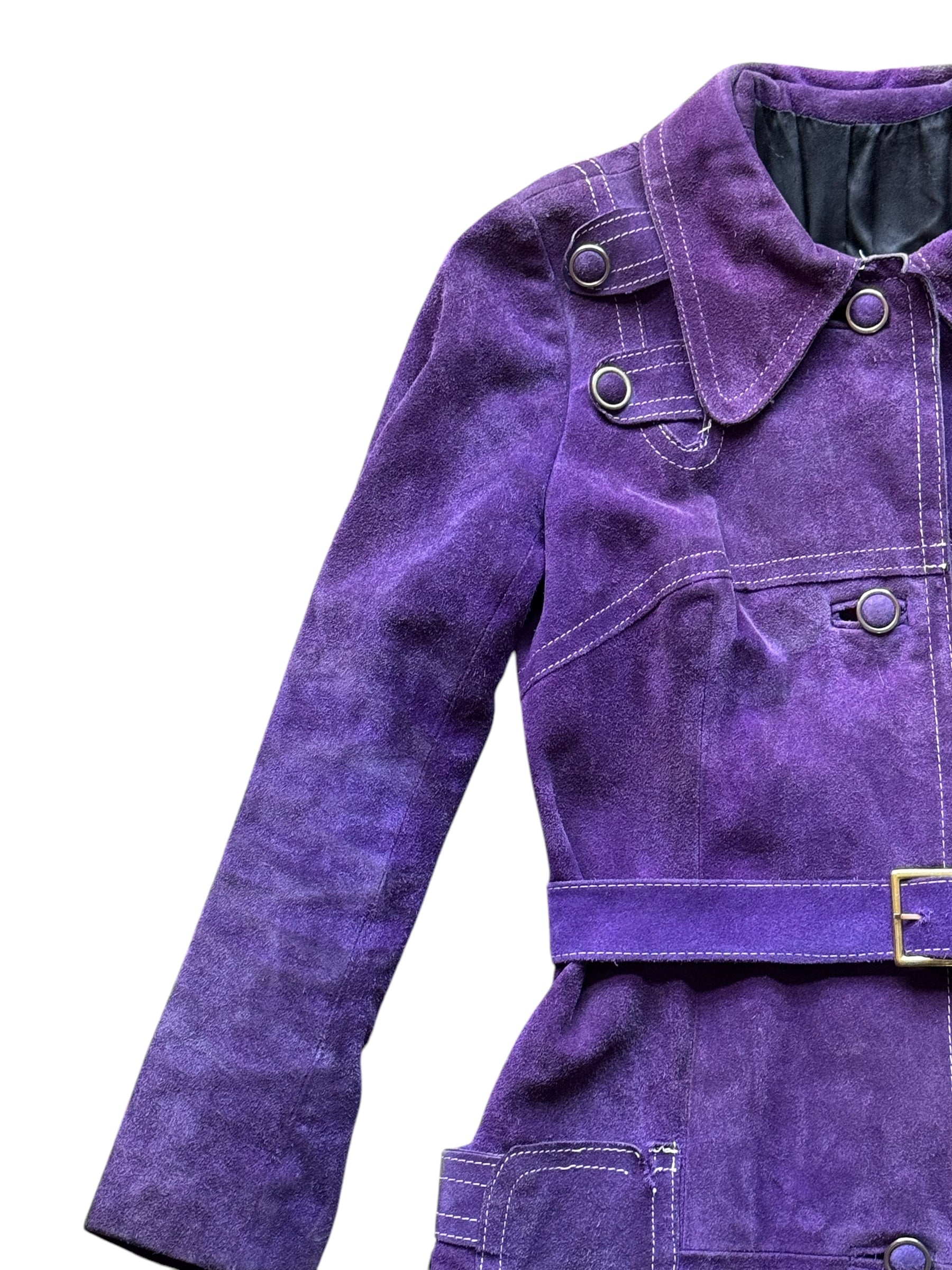 Front right top view of 1960s Purple Suede Trench Coat S